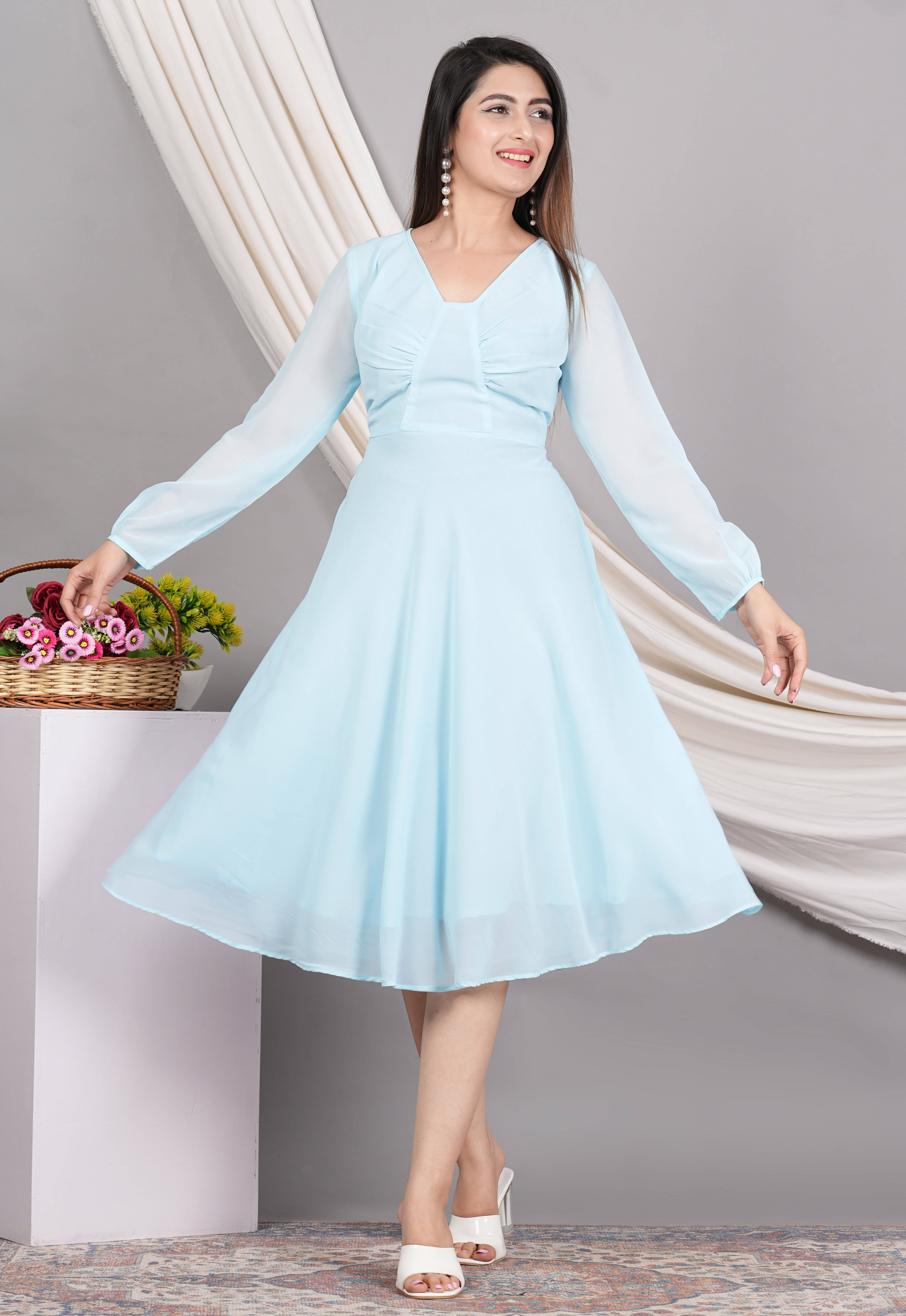 Akiko Women Georgette Solid Fit & Flare Dress ( Blue ) Akiko Women Georgette Solid Fit & Flare Dress ( Blue )