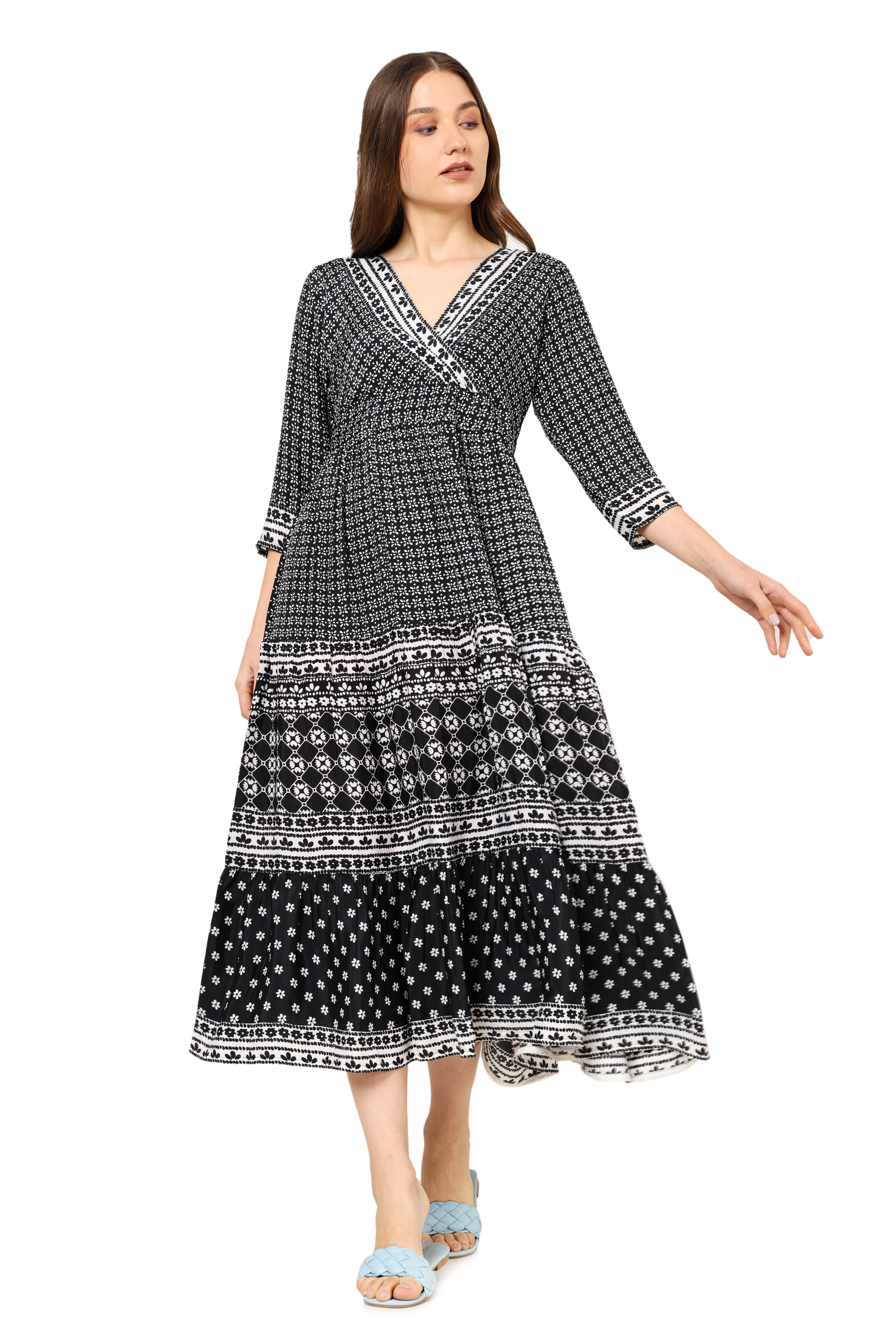 Akiko Women Polyester Printed Fit & Flare Dress ( Black ) Akiko Women Polyester Printed Fit & Flare Dress ( Black )