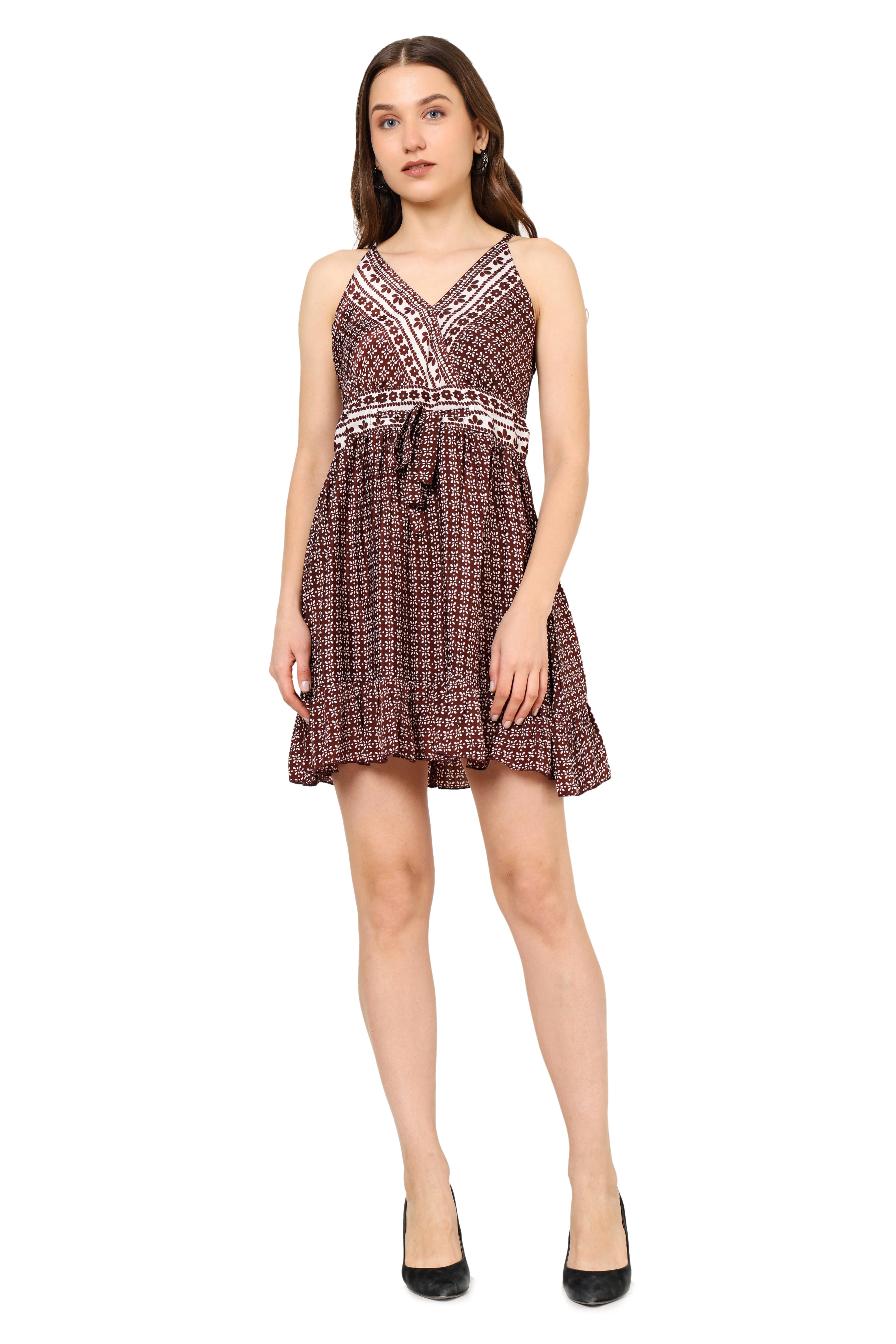 Akiko Women Polyester Printed Fit & Flare Dress ( Brown ) Akiko Women Polyester Printed Fit & Flare Dress ( Brown )