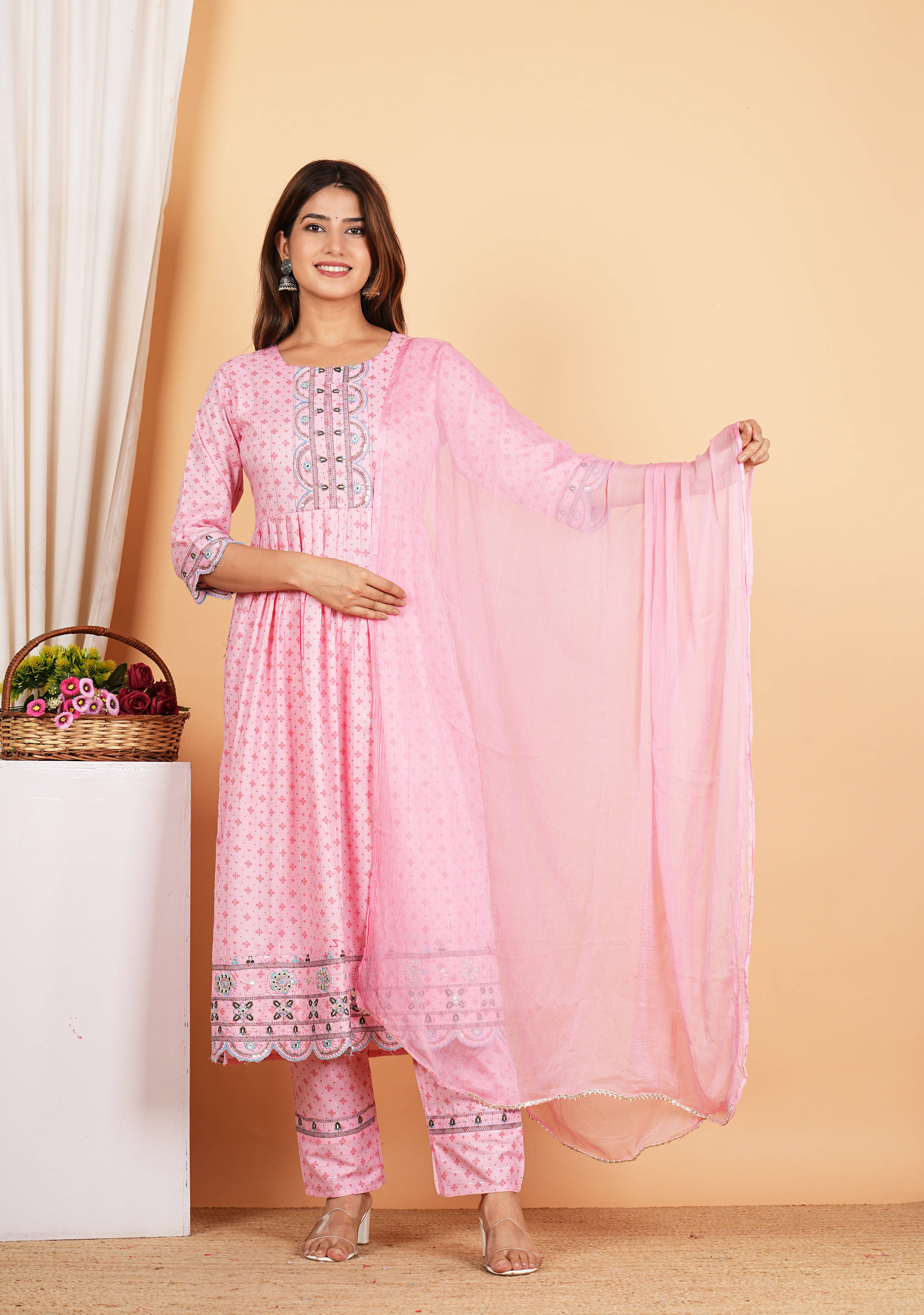     			Akiko Rayon Printed Kurti With Pants Women's Stitched Salwar Suit - Pink ( Pack of 1 )