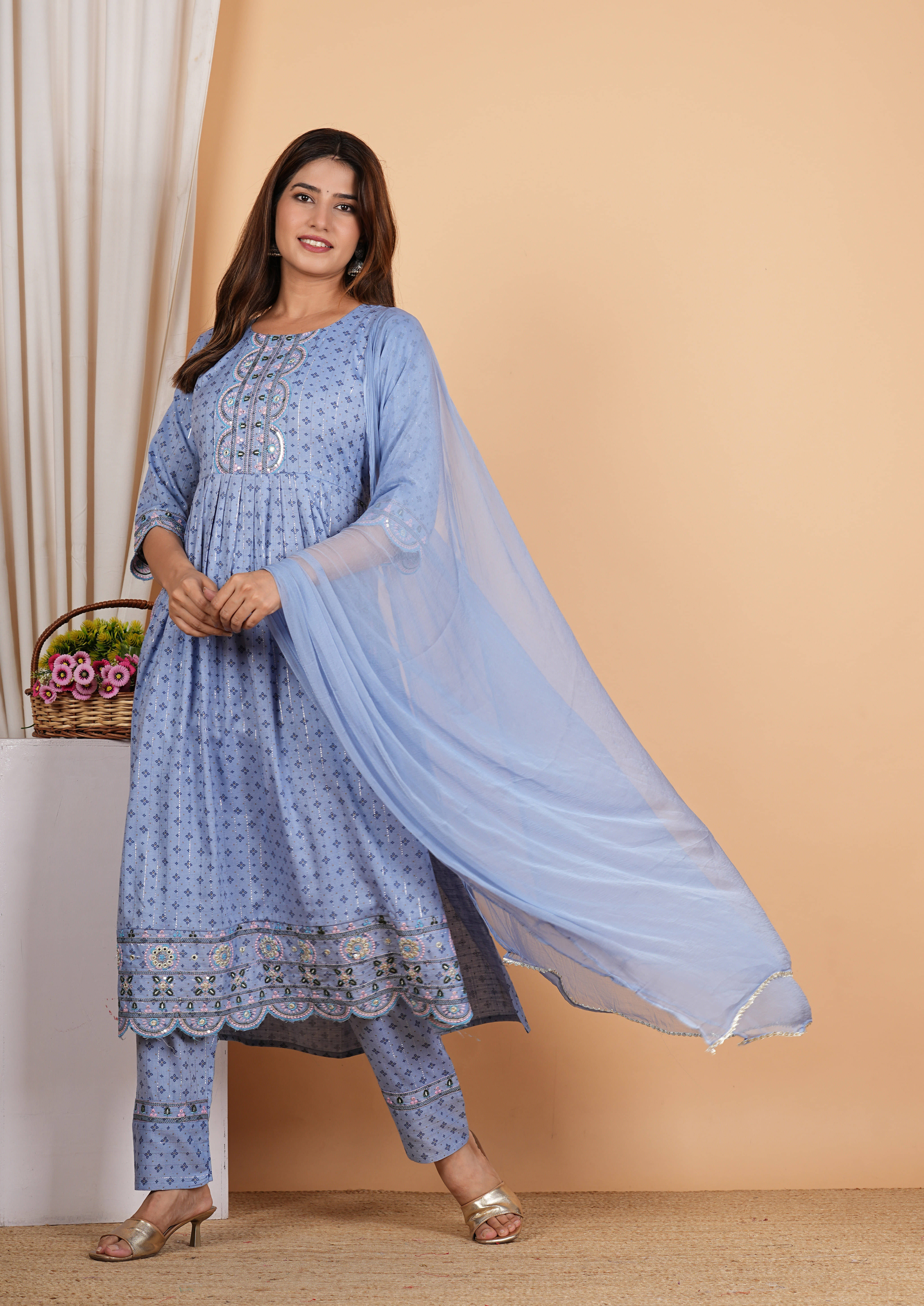     			Akiko Rayon Printed Kurti With Pants Women's Stitched Salwar Suit - Blue ( Pack of 1 )