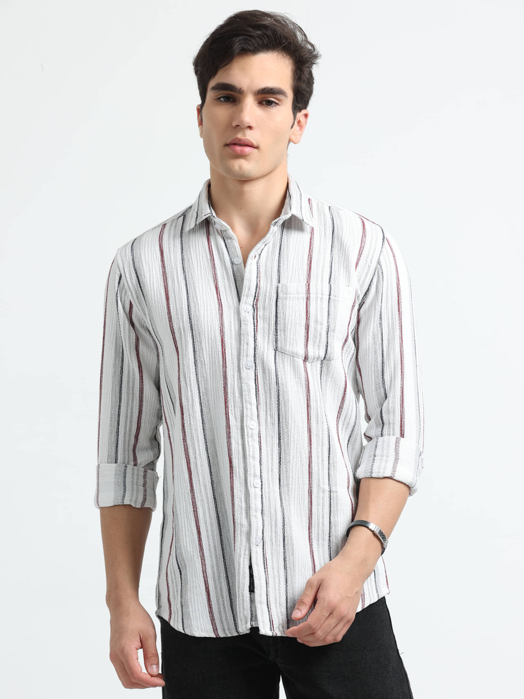 HETIERS Cotton Blend Regular Fit Striped Full Sleeves Men's Casual Shirt - White ( Pack of 1 ) HETIERS Cotton Blend Regular Fit Striped Full Sleeves Men's Casual Shirt - White ( Pack of 1 )