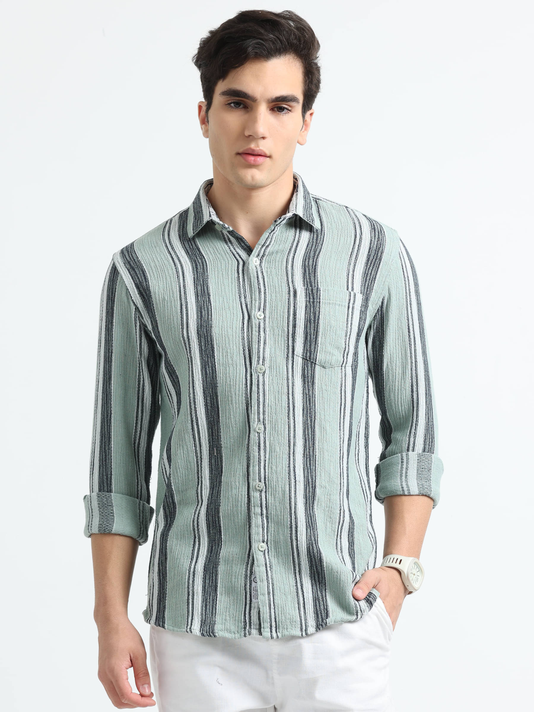 HETIERS Cotton Blend Regular Fit Striped Full Sleeves Men's Casual Shirt - Lime Green ( Pack of 1 )     			HETIERS Cotton Blend Regular Fit Striped Full Sleeves Men's Casual Shirt - Lime Green ( Pack of 1 )