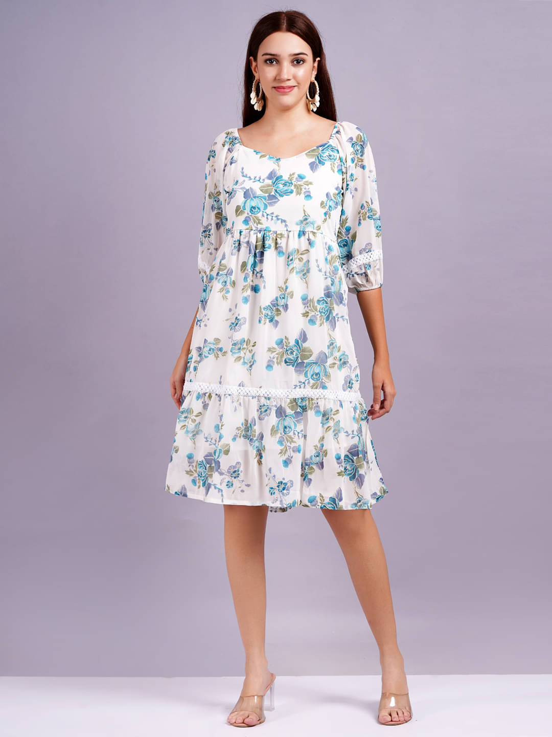     			HIGHLIGHT FASHION EXPORT Women Chiffon Printed Fit & Flare Dress ( Blue )