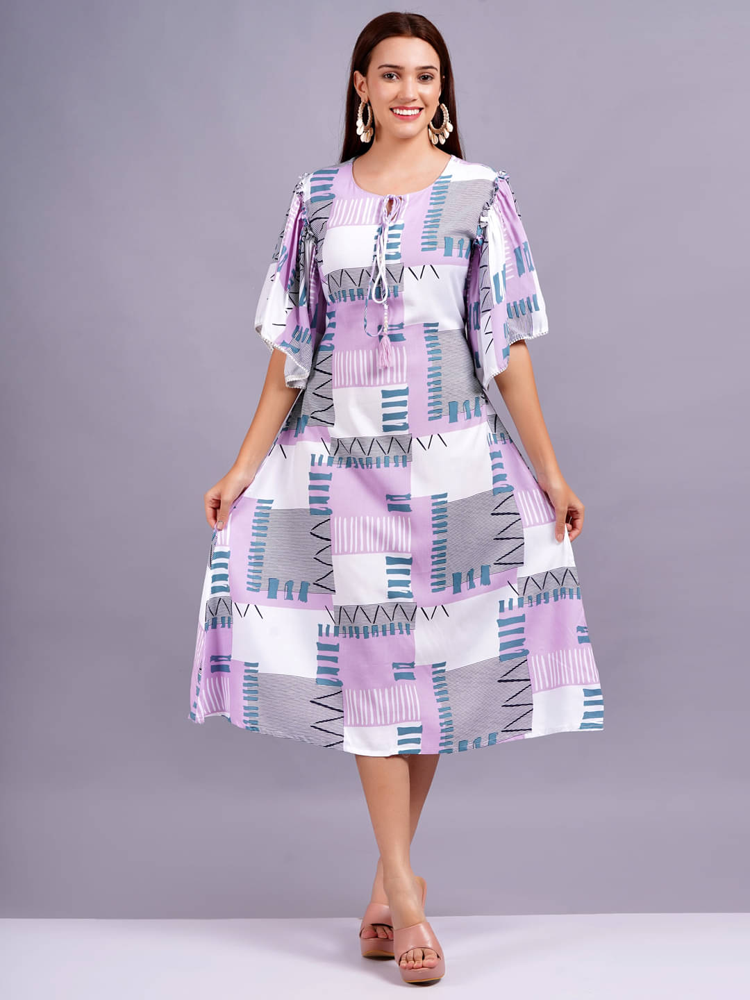     			HIGHLIGHT FASHION EXPORT Women Rayon Printed Fit & Flare Dress ( Purple )