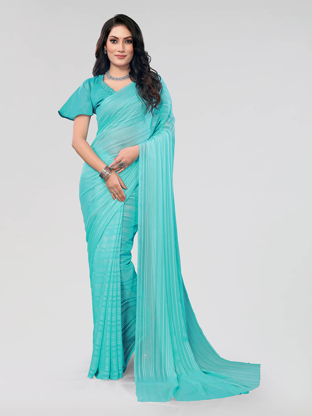 Kashvi Sarees Satin Striped Saree With Unstitched Blouse Piece ( LightBLue )     			Kashvi Sarees Satin Striped Saree With Unstitched Blouse Piece ( LightBLue )