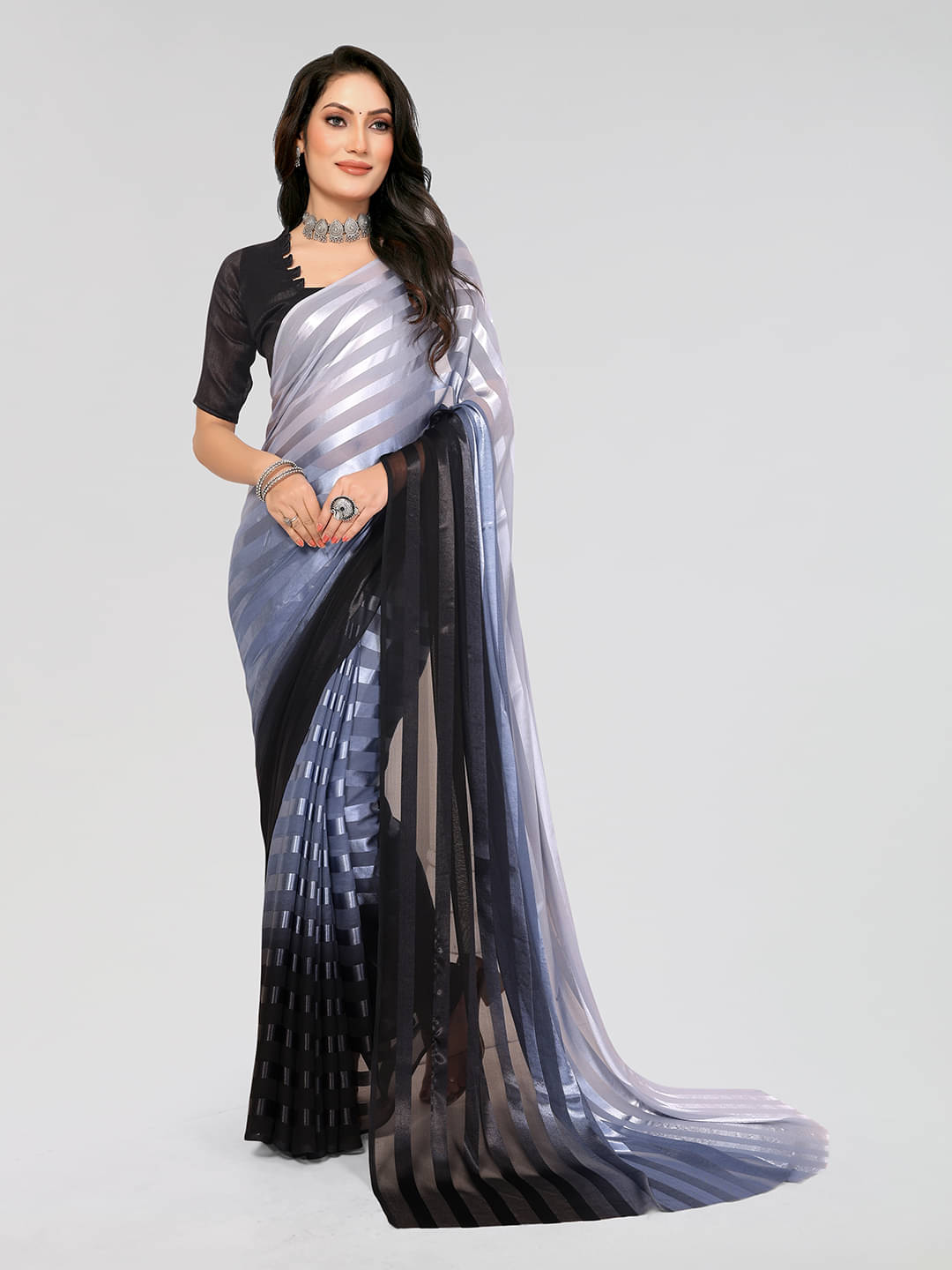 Kashvi Sarees Satin Striped Saree With Unstitched Blouse Piece ( Grey ) Kashvi Sarees Satin Striped Saree With Unstitched Blouse Piece ( Grey )