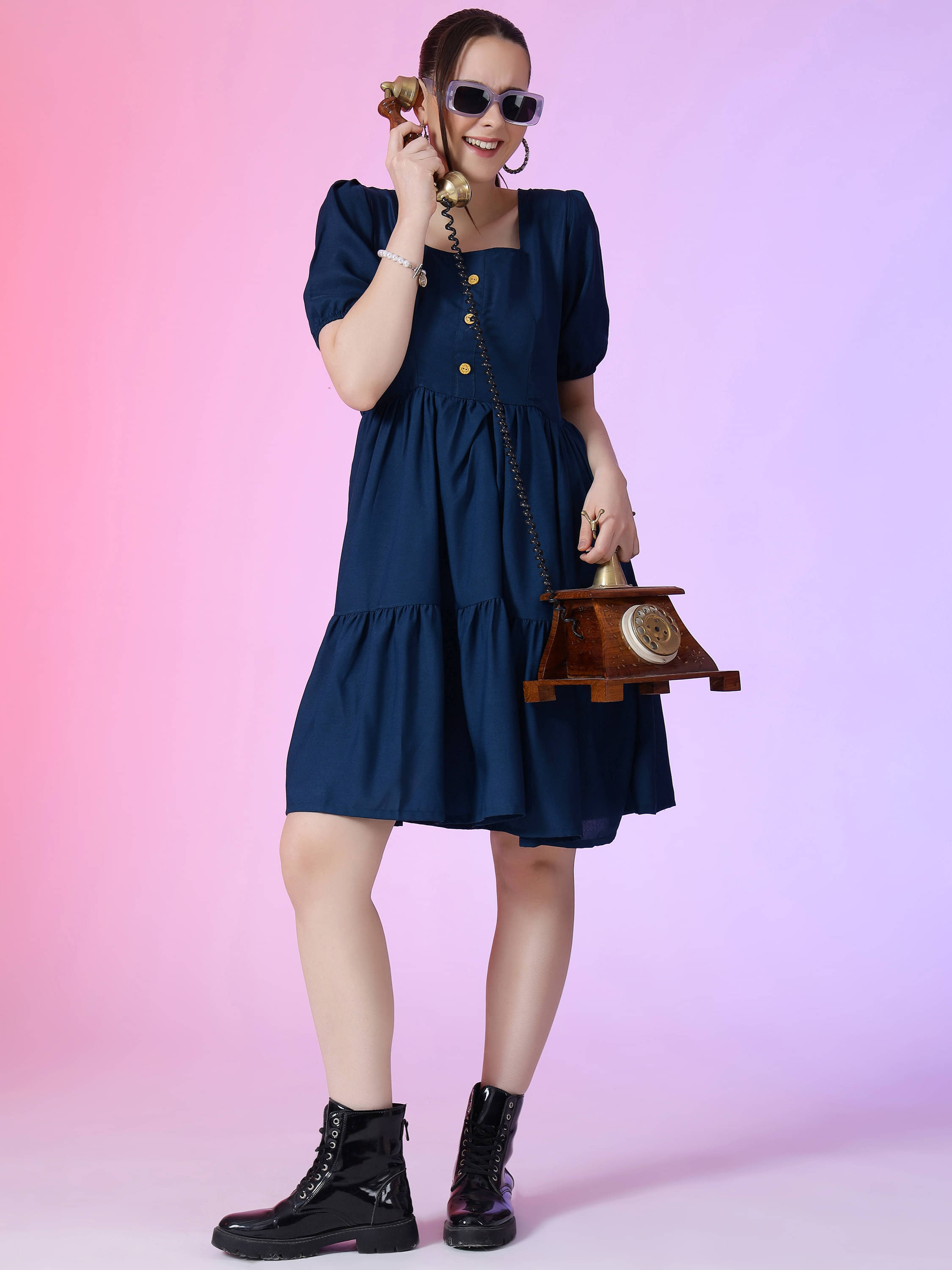 Krunal Raiyani Women Polyester Solid Fit & Flare Dress ( Blue ) Krunal Raiyani Women Polyester Solid Fit & Flare Dress ( Blue )
