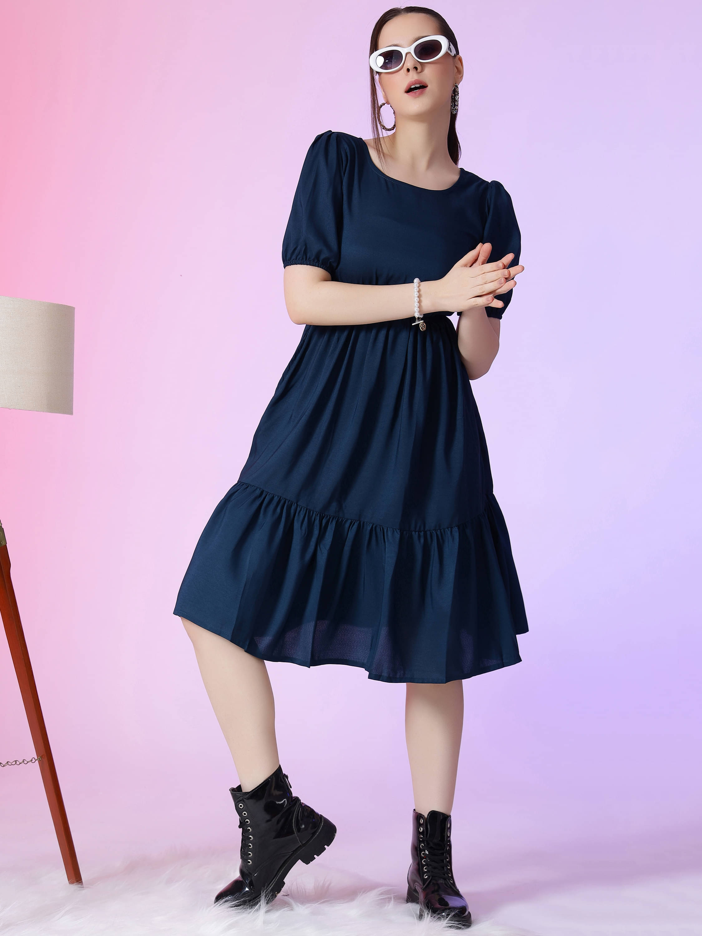 Krunal Raiyani Women Polyester Solid Fit & Flare Dress ( Blue ) Krunal Raiyani Women Polyester Solid Fit & Flare Dress ( Blue )