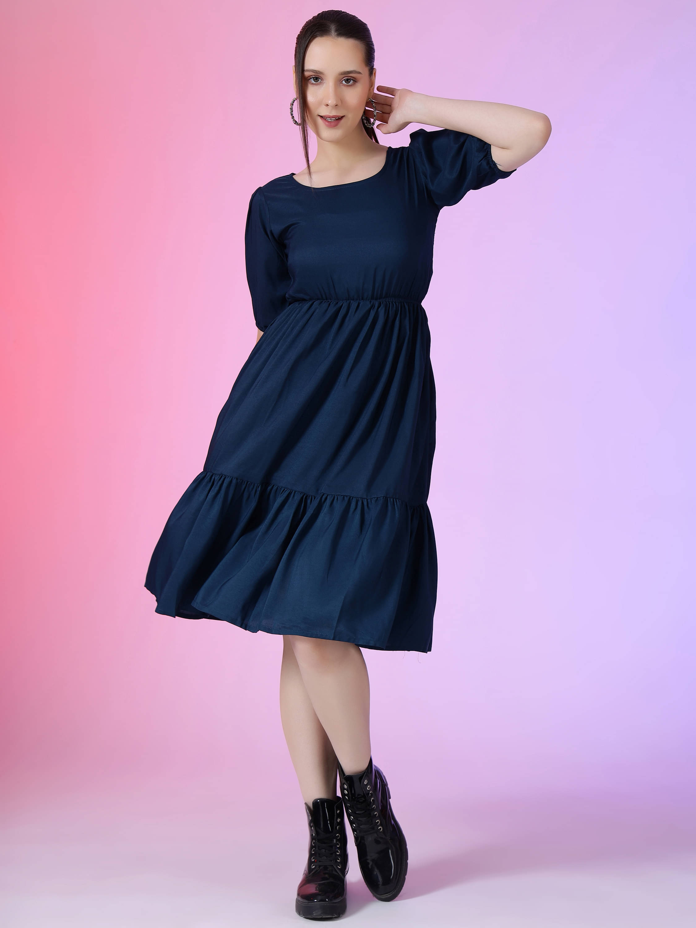 Krunal Raiyani Women Polyester Solid Fit & Flare Dress ( Blue ) Krunal Raiyani Women Polyester Solid Fit & Flare Dress ( Blue )