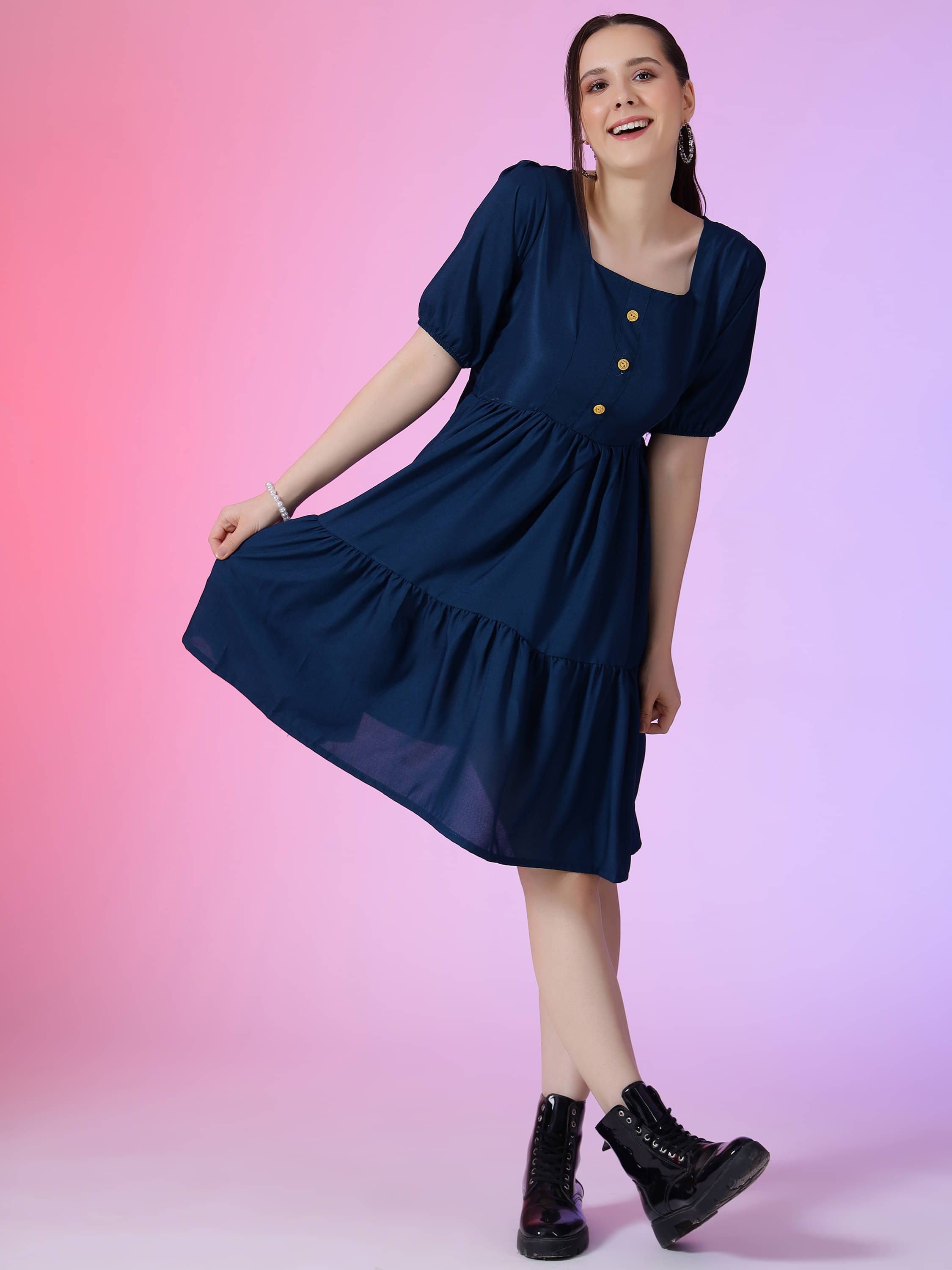 RAIYANI FASHION Women Polyester Solid Fit & Flare Dress ( Blue ) RAIYANI FASHION Women Polyester Solid Fit & Flare Dress ( Blue )