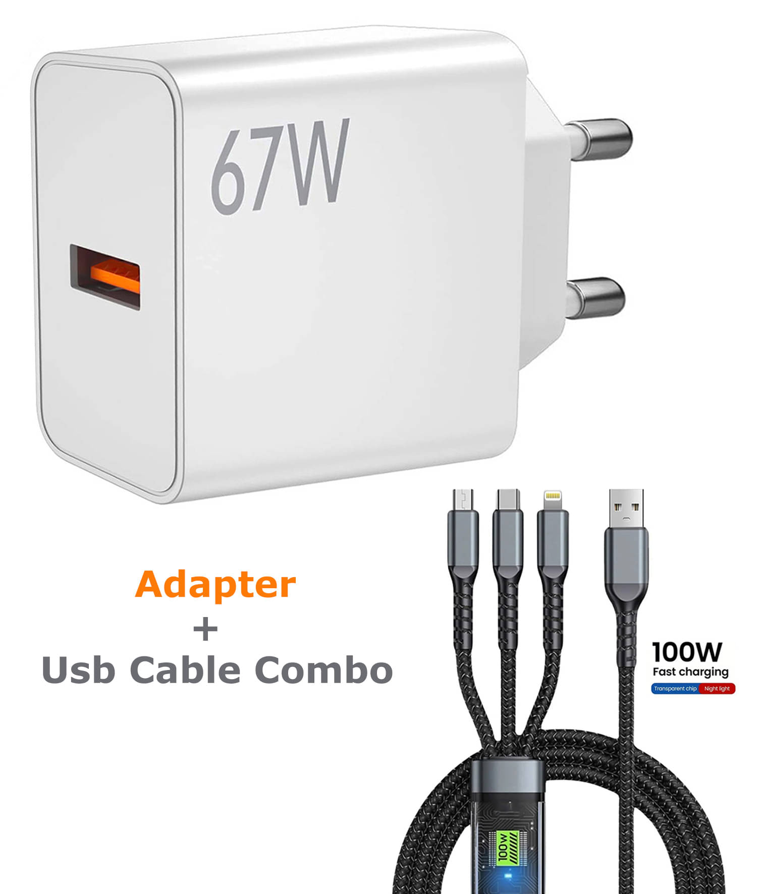 Retailstore 67Watt Fast Charger with 3-in-1  6AMP Charging cable Combo 1     			Retailstore 67Watt Fast Charger with 3-in-1  6AMP Charging cable Combo 1