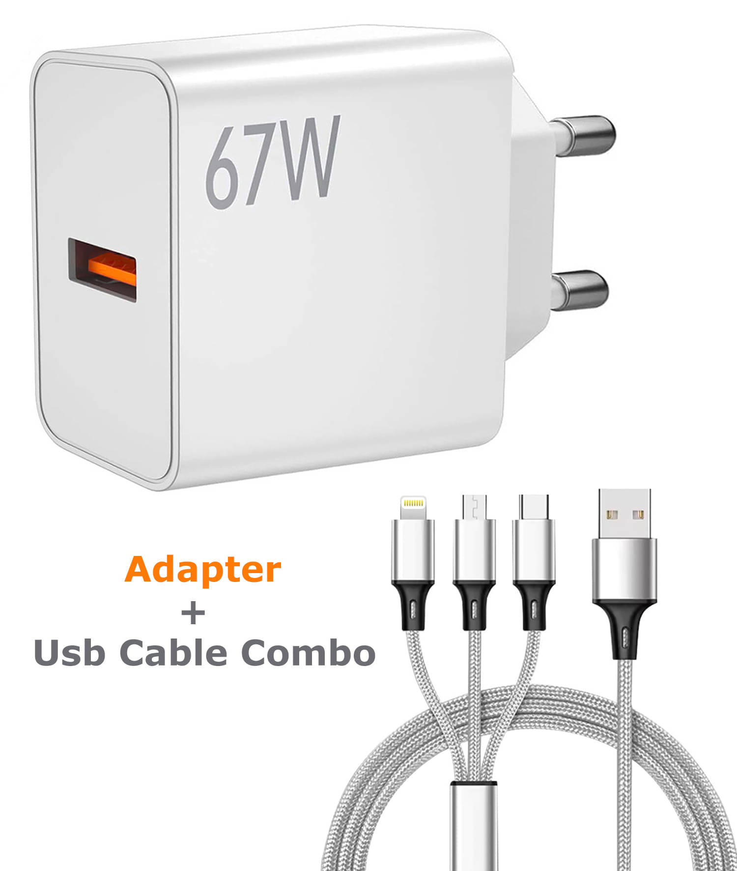 Retailstore 67Watt Fast Charging Adaptor with USB to 3-in-1 3AMP Charging Cable Combo 1     			Retailstore 67Watt Fast Charging Adaptor with USB to 3-in-1 3AMP Charging Cable Combo 1