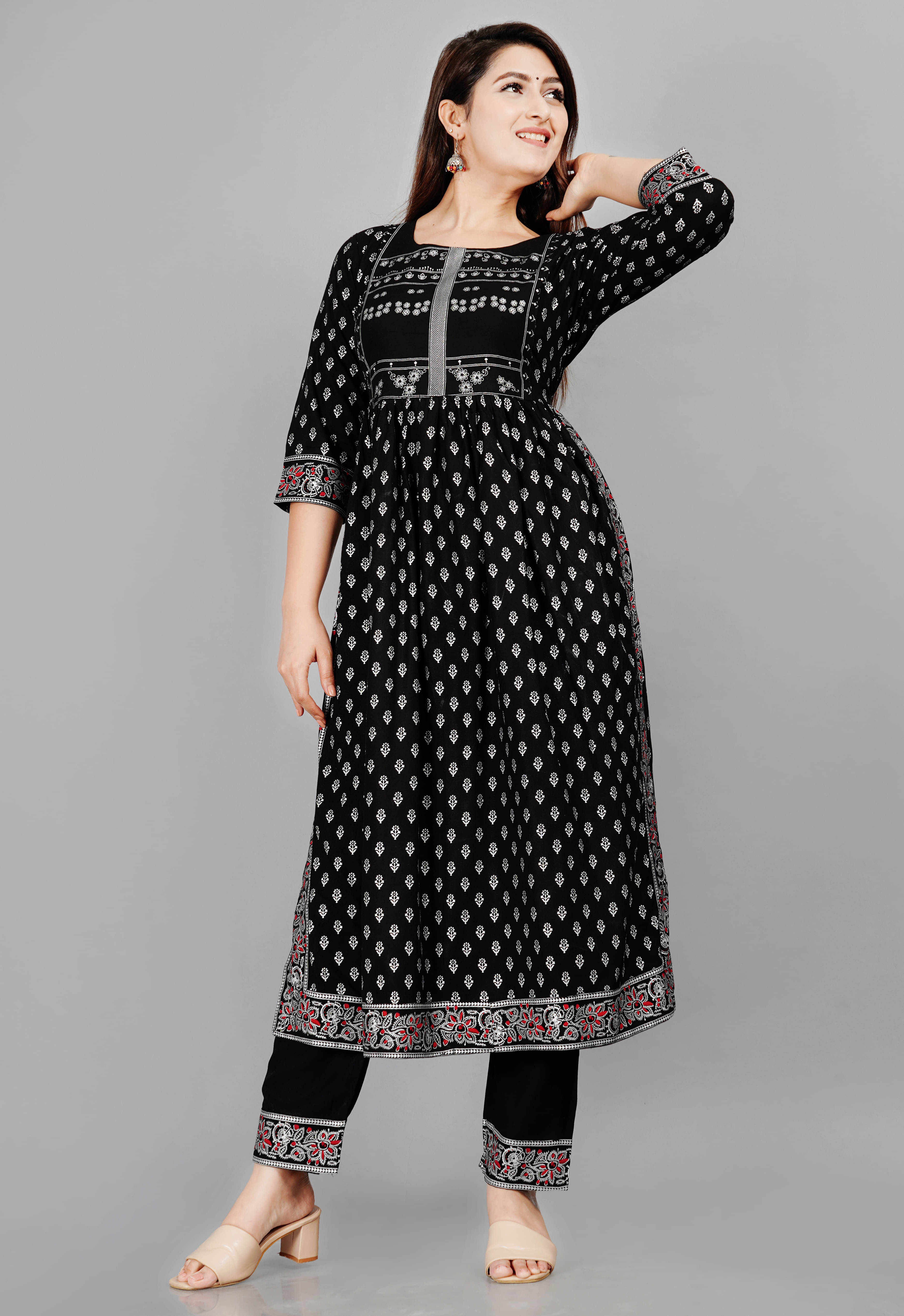 Smien Rayon Self Design Kurti With Pants Women's Stitched Salwar Suit - Black ( Pack of 1 ) Smien Rayon Self Design Kurti With Pants Women's Stitched Salwar Suit - Black ( Pack of 1 )