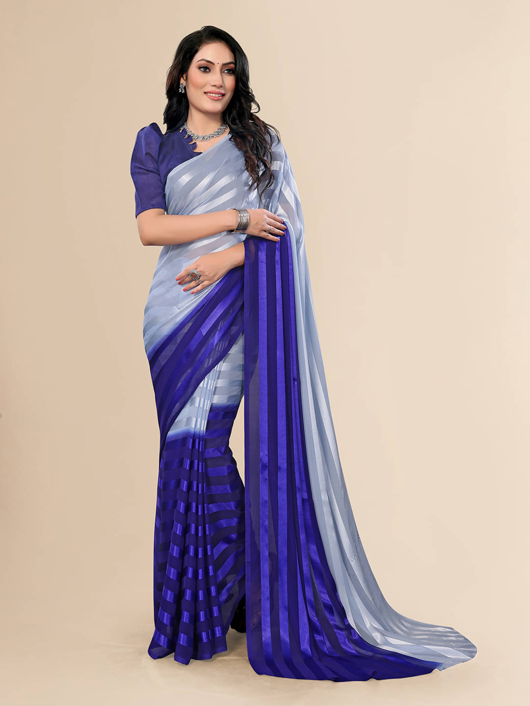 ANAND SAREES Satin Striped Saree With Unstitched Blouse Piece ( Indigo ) ANAND SAREES Satin Striped Saree With Unstitched Blouse Piece ( Indigo )