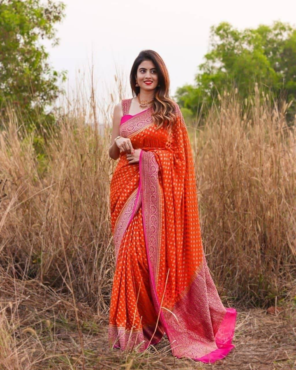 Aika Jacquard Embellished Saree With Unstitched Blouse Piece ( Orange ) Aika Jacquard Embellished Saree With Unstitched Blouse Piece ( Orange )