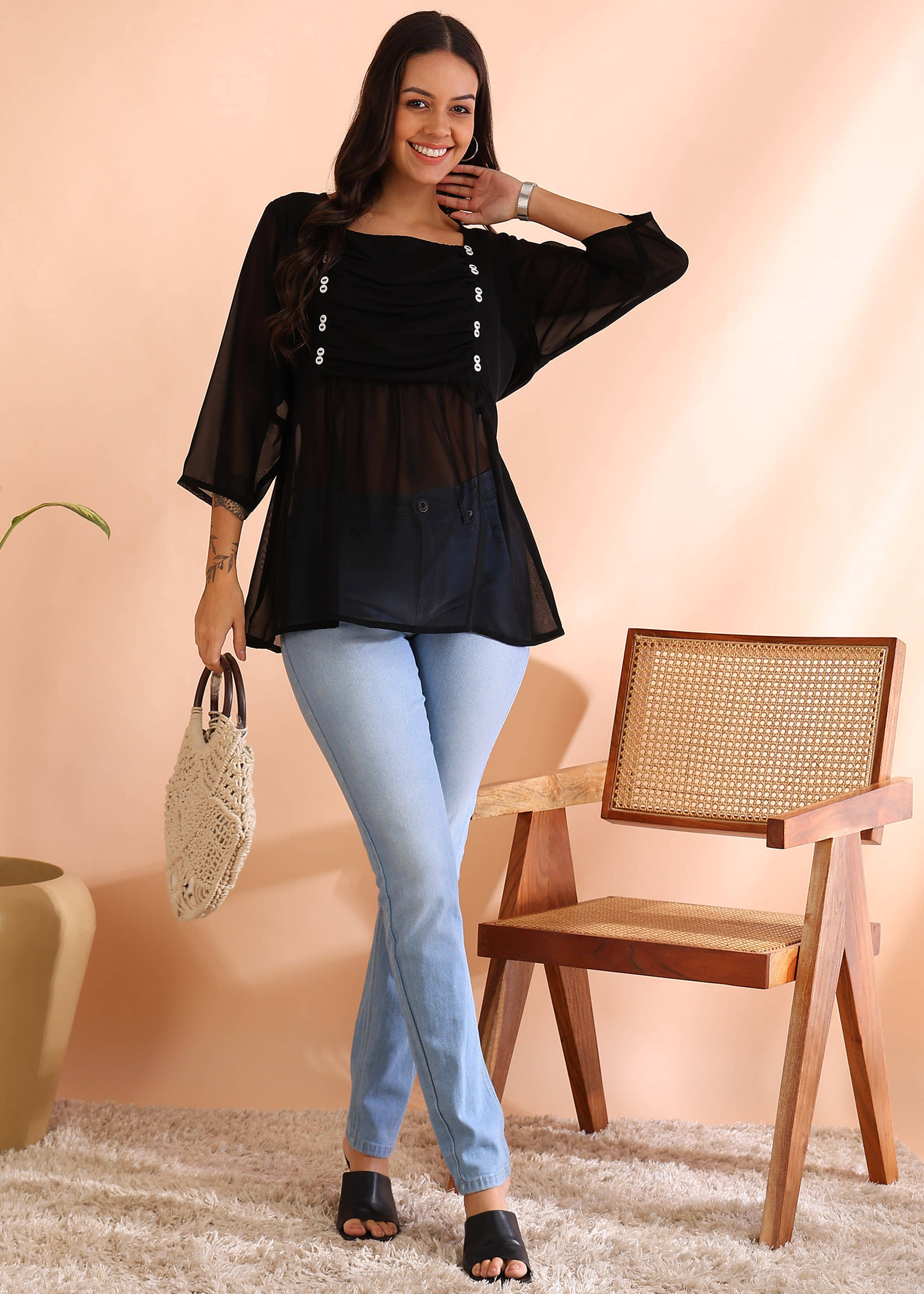 Akiko Women's Georgette A-Line Top ( Black )