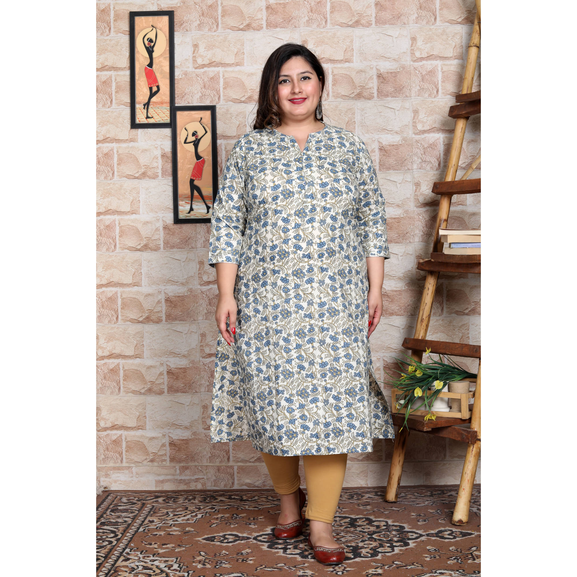     			Avnii Cotton Printed Straight Women's Kurti - Cream ( Pack of 1 )