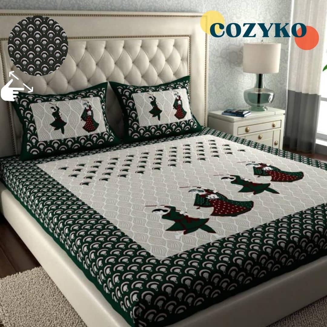 COZYKO Cotton 1 Double Bedsheet with 2 Pillow Covers ( Green )