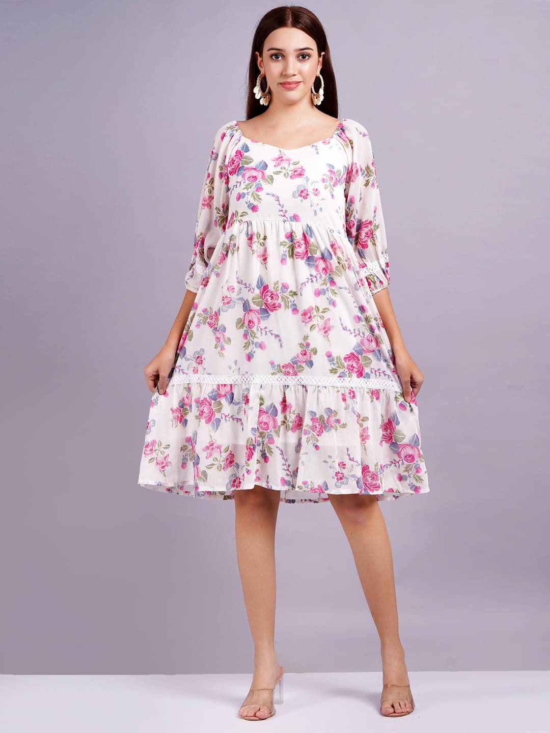 JAI SHIVAM TRADERS Women Chiffon Printed Fit & Flare Dress ( Pink ) JAI SHIVAM TRADERS Women Chiffon Printed Fit & Flare Dress ( Pink )