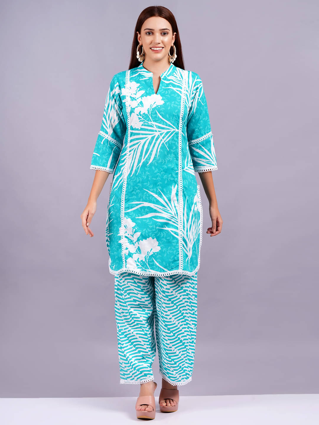 JC4U Women Printed Straight Kurti With Palazzo ( Light Blue ) JC4U Women Printed Straight Kurti With Palazzo ( Light Blue )