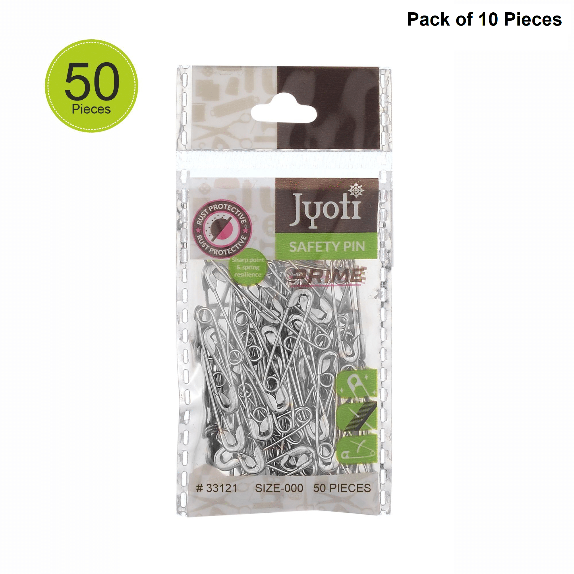     			Jyoti 33121 Safety Pins - Prime, Strong Nickel Plated Steel, Rust Resistant, Heavy Duty Variety Pack, Perfect for Clothes, Crafts, Sewing, (50x10-500 Pins of Size 000 in a Pouch) - Pack of 10