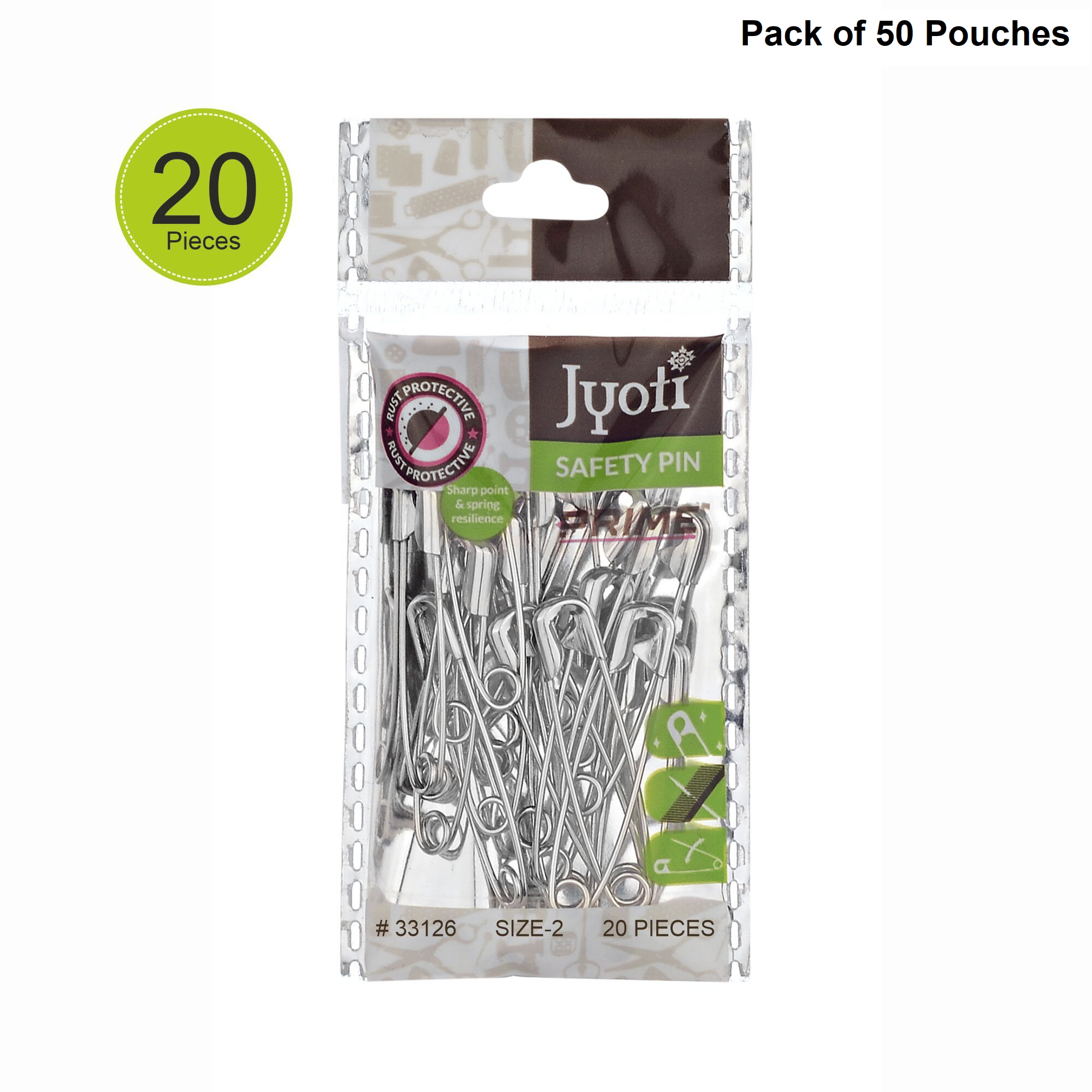     			Jyoti 33126 Safety Pins - Prime, Strong Nickel Plated Steel, Rust Resistant, Heavy Duty Variety Pack, Perfect for Clothes, Crafts, Sewing, Pinning (20x50-1000 Pins of Size 2 in a Pouch) - Pack of 50