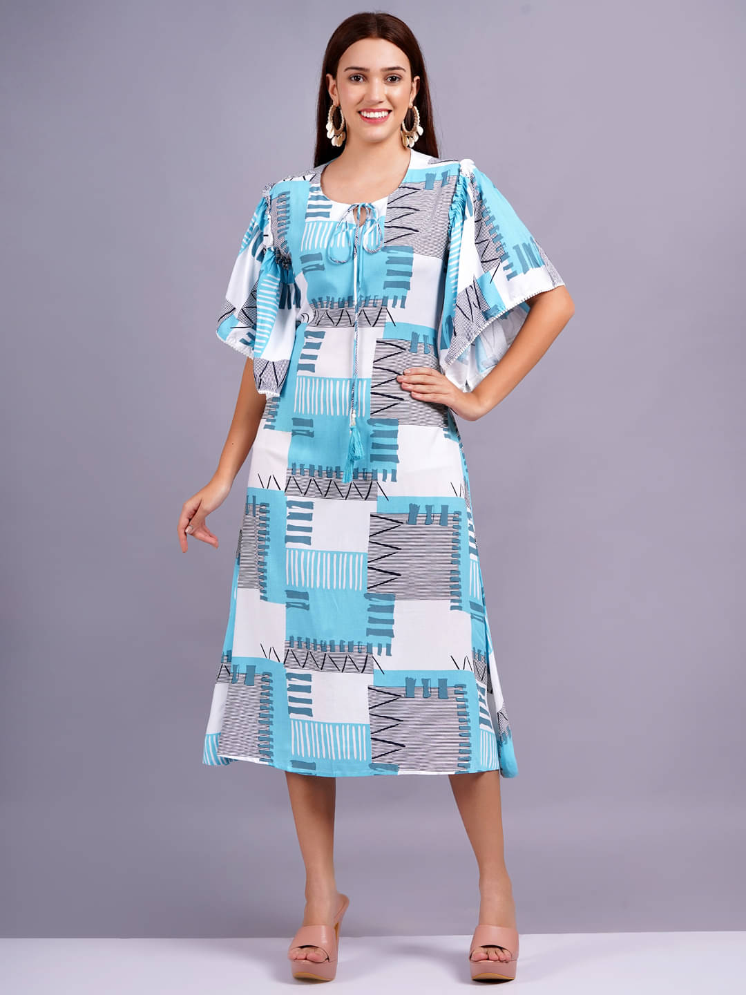 Jyoti Saree Women Rayon Printed A-line Dress ( Blue ) Jyoti Saree Women Rayon Printed A-line Dress ( Blue )