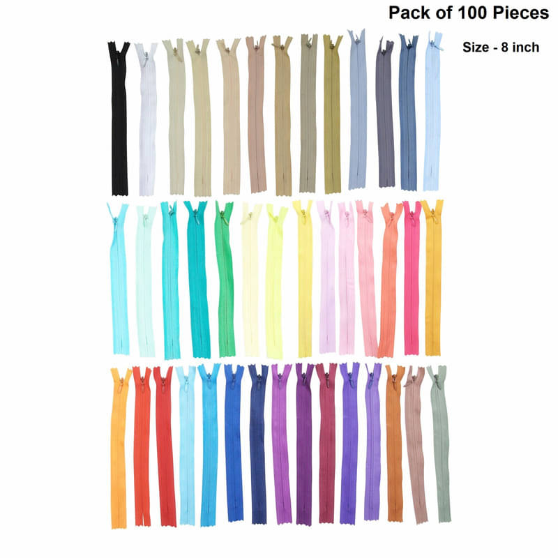     			Jyoti Zipper - Concealed Size 3 - Multicolored (100 Zips of 8 Inches) Open-Ended, Ideal for Tailoring, Crafts, Fashion, Dressmaking | Zips Used in Stitching, Sewing, Pants, Bags - Pack of 100 Pieces