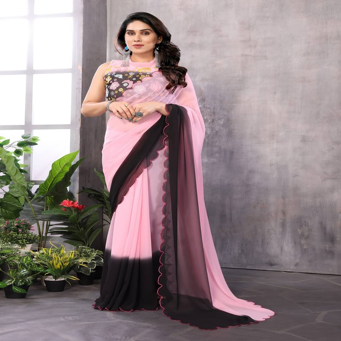 KSNDV Trendz Georgette Dyed Saree With Unstitched Blouse Piece ( Black ) KSNDV Trendz Georgette Dyed Saree With Unstitched Blouse Piece ( Black )
