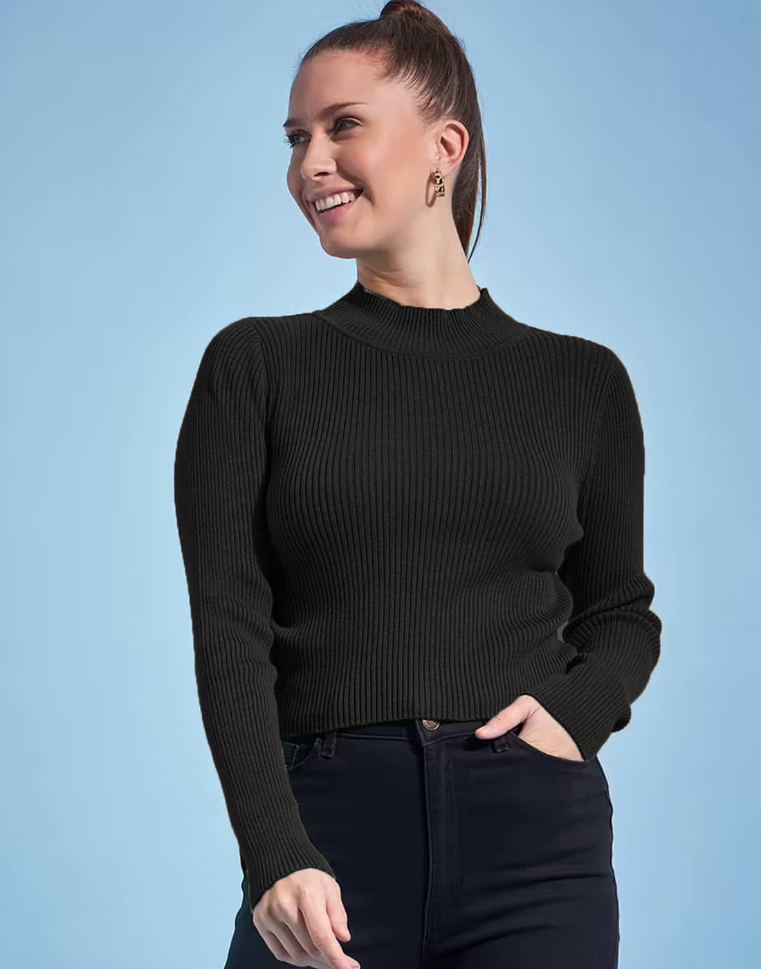 Lime Cotton Blend High Neck Women's Pullovers - Black ( Single )