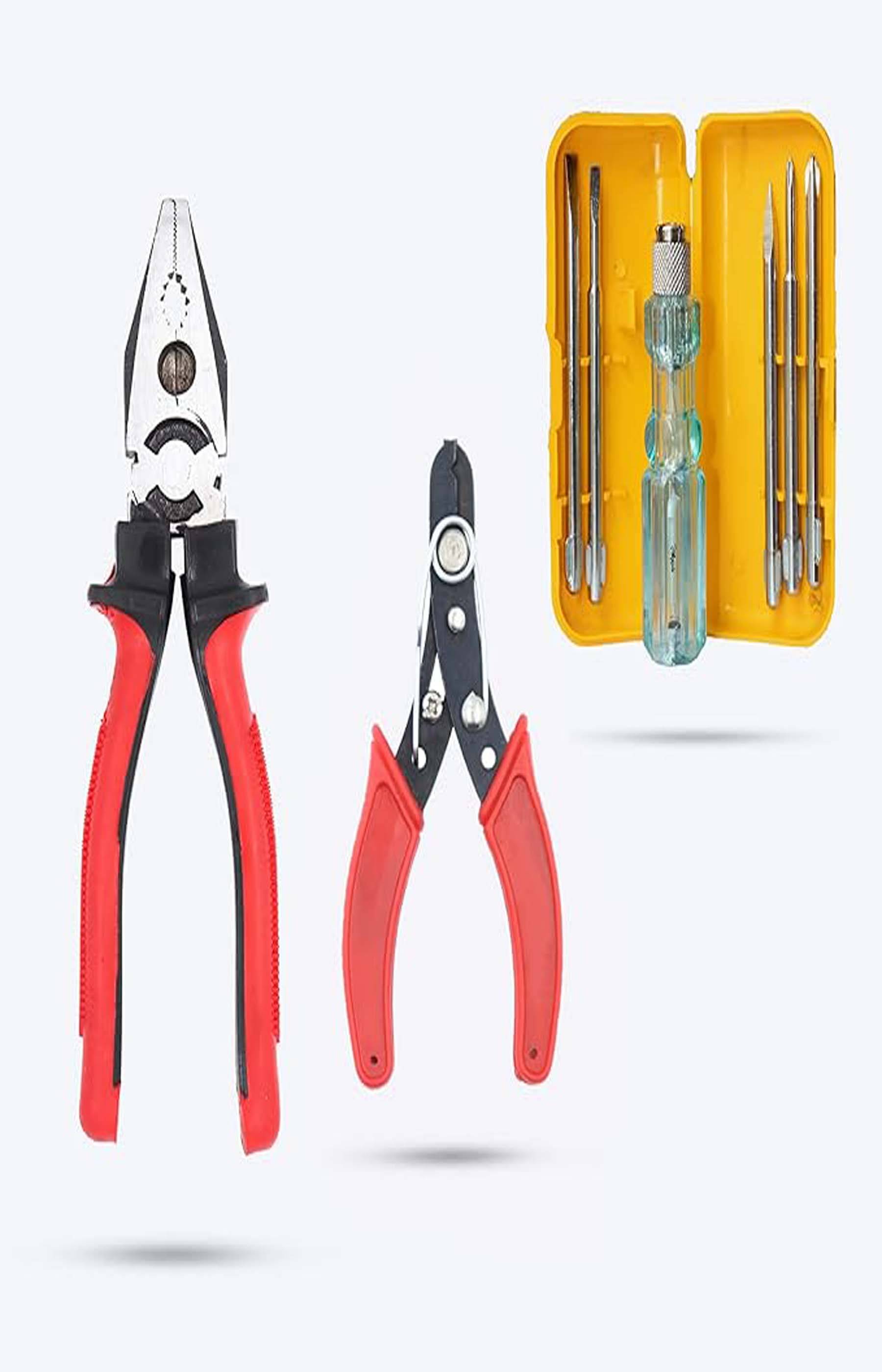     			M S ENTERPRISES tool set for home use with combination pliers, Nose Plier, Wire cutter and 8 piece Screw driver set, Pack of 4, Multicolor