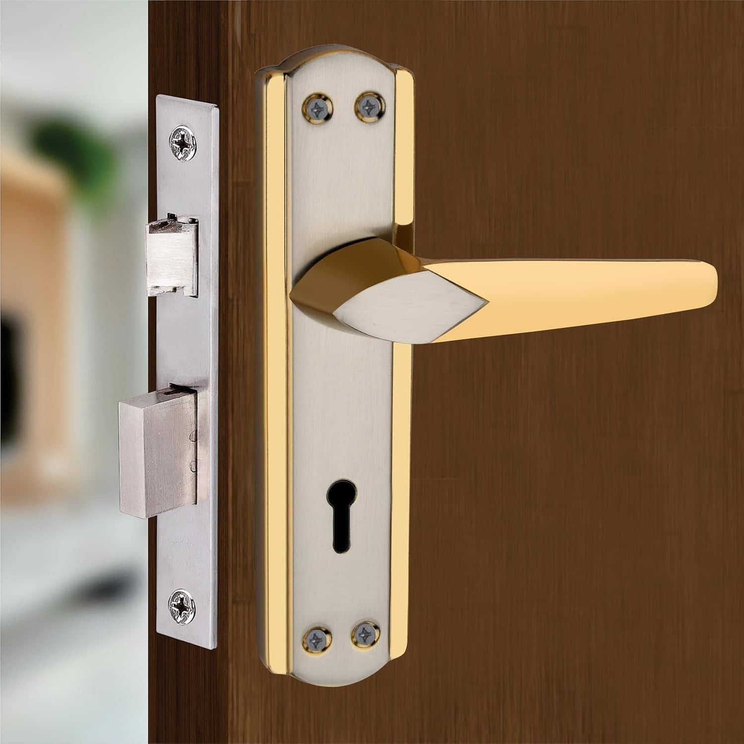 Onmax 7 inches Mortise Door Lock Handle Set | Door Handle Lock for Main Door | Secure & Stylish Lock for Home | Handle Set for Door, Bathroom, Bedroom, Living Room Silver Gold Finish (HML6+S701MSG)