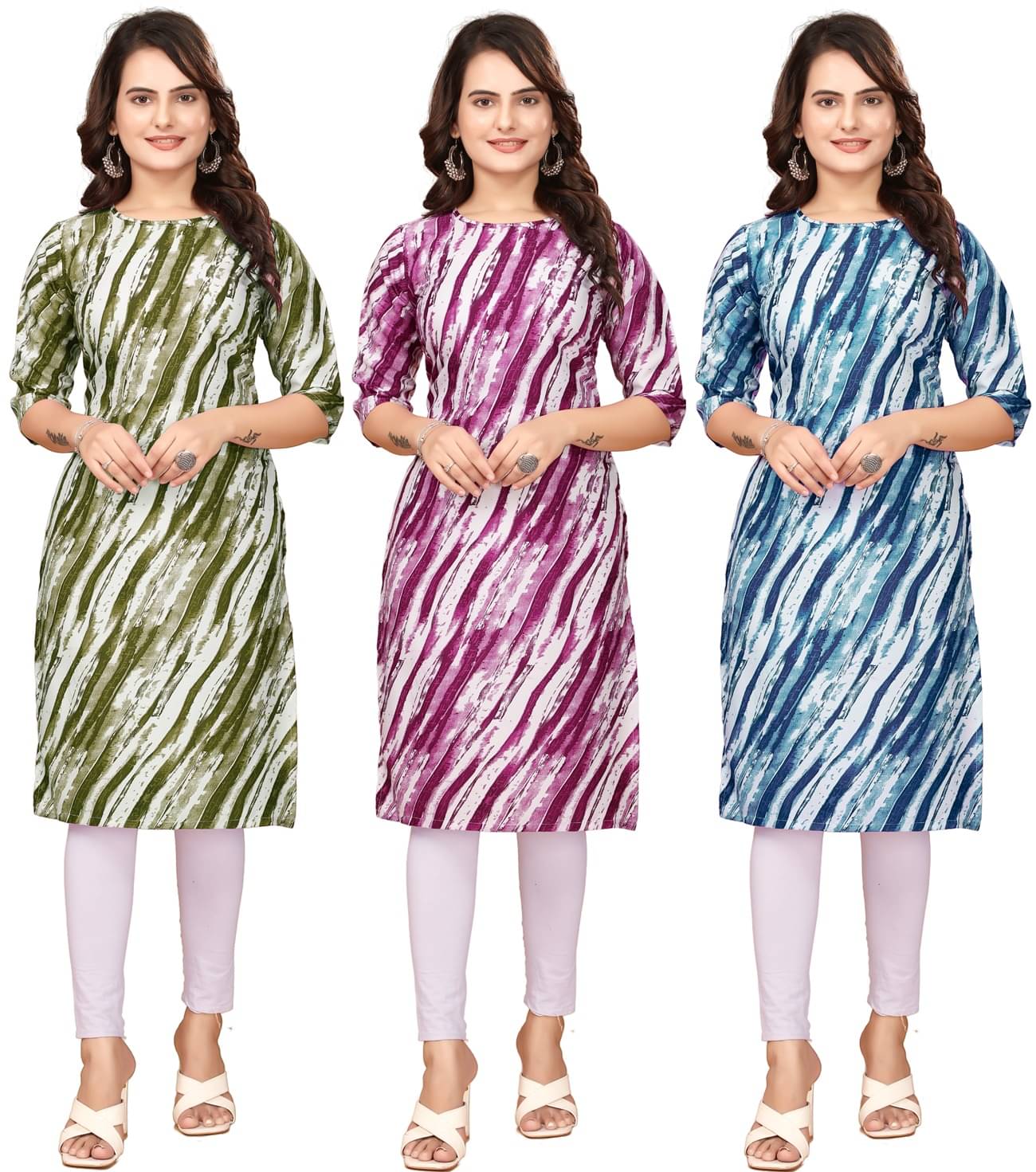     			VACHHARAJ GROUP Crepe Printed Straight Women's Kurti - Green,Purple,Blue ( Pack of 3 )