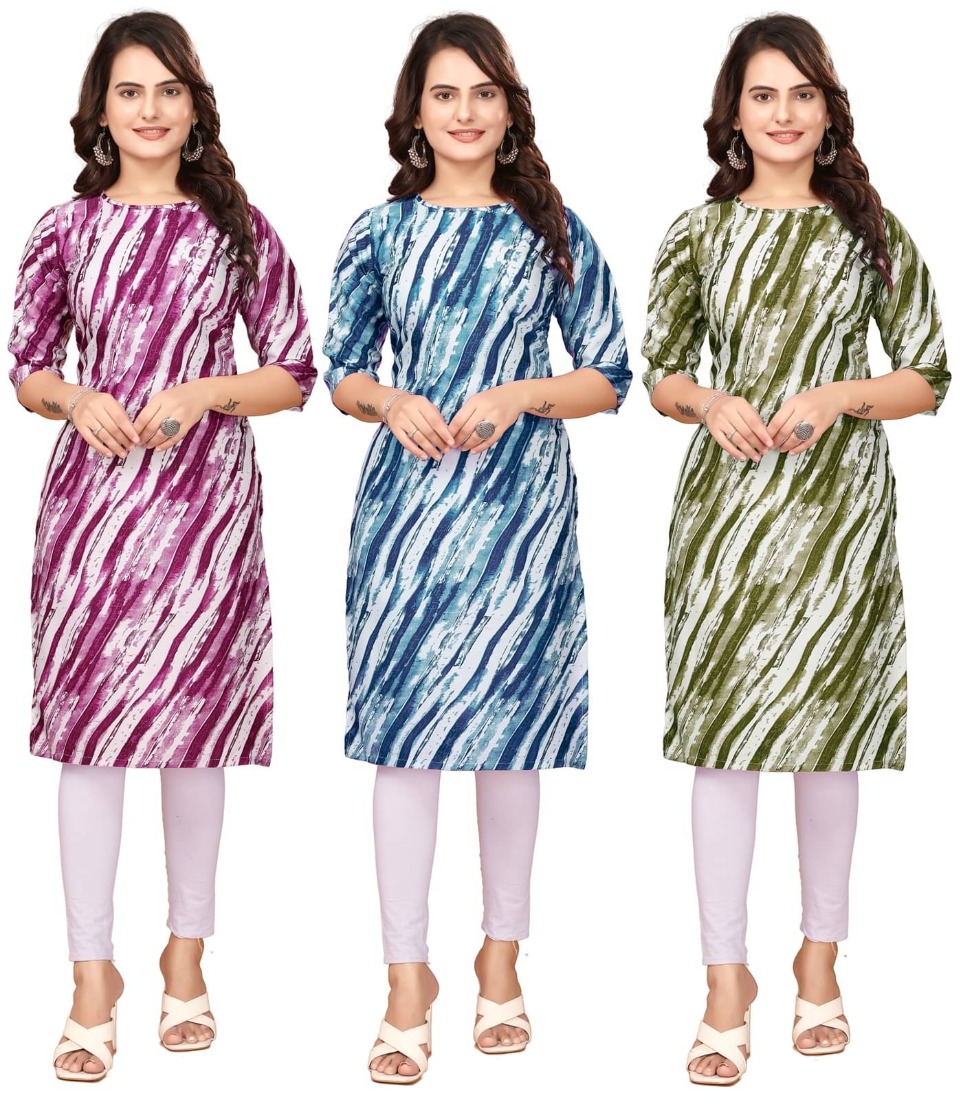 VACHHARAJ GROUP Crepe Printed Straight Women's Kurti - Blue,Purple,Green ( Pack of 3 )     			VACHHARAJ GROUP Crepe Printed Straight Women's Kurti - Blue,Purple,Green ( Pack of 3 )