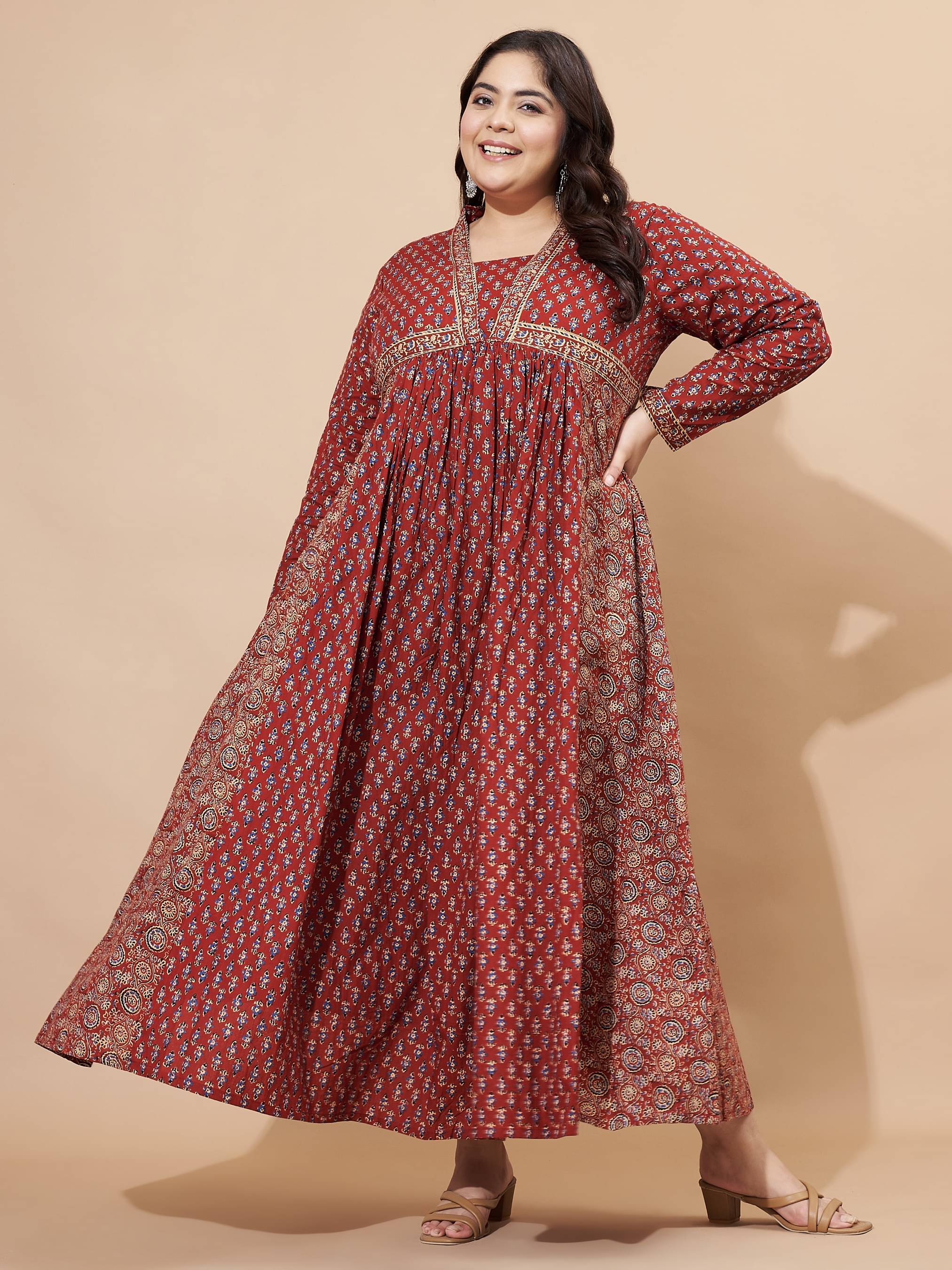     			Vbuyz Women Cotton Printed Fit & Flare Dress ( Red )