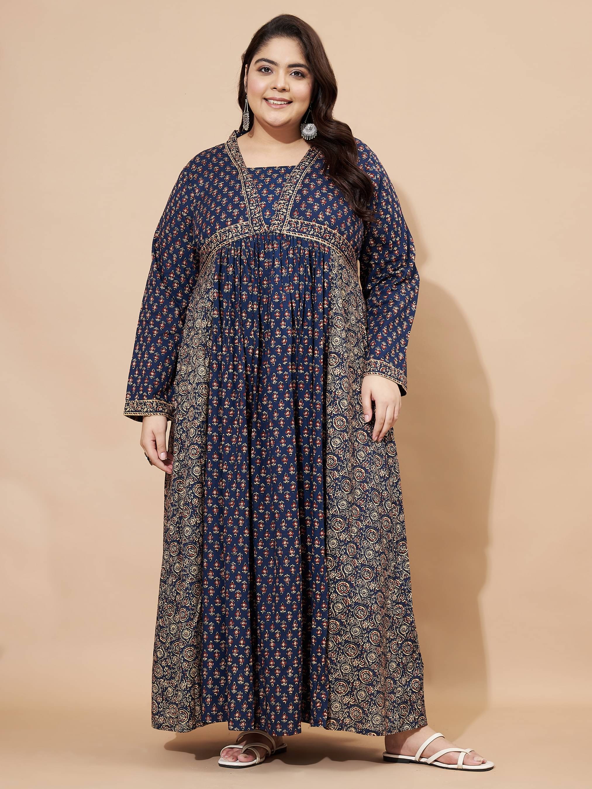     			Vbuyz Women Cotton Printed Fit & Flare Dress ( Navy Blue )