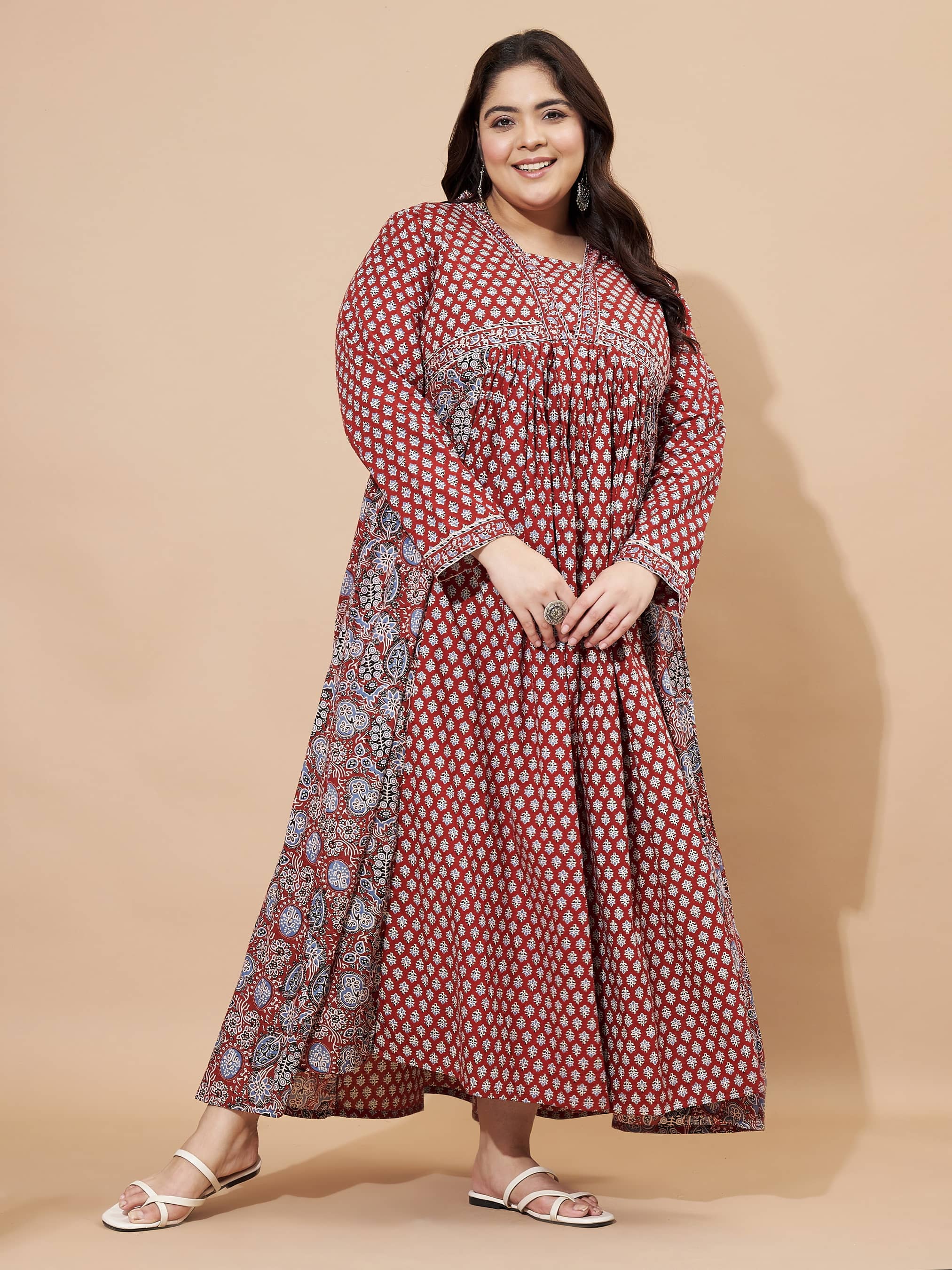 Vbuyz Women Cotton Printed Fit & Flare Dress ( Maroon )