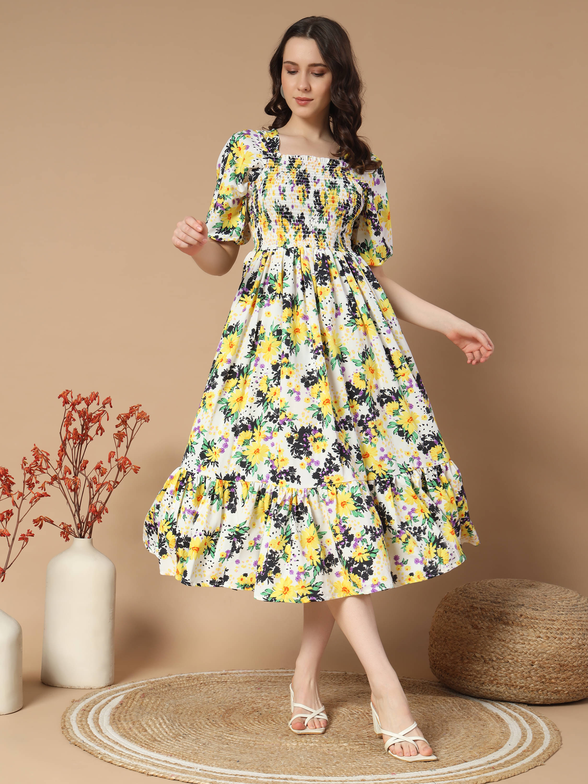 ZWERLON Women Rayon Printed Fit & Flare Dress ( Yellow,White ) ZWERLON Women Rayon Printed Fit & Flare Dress ( Yellow,White )