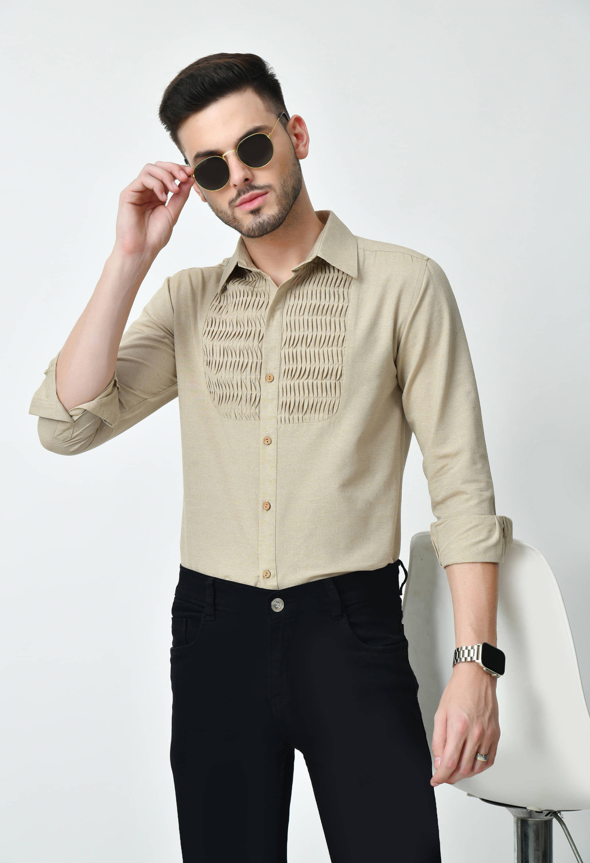     			AMBI Cotton Blend Regular Fit Solids Full Sleeves Men's Casual Shirt - Beige ( Pack of 1 )