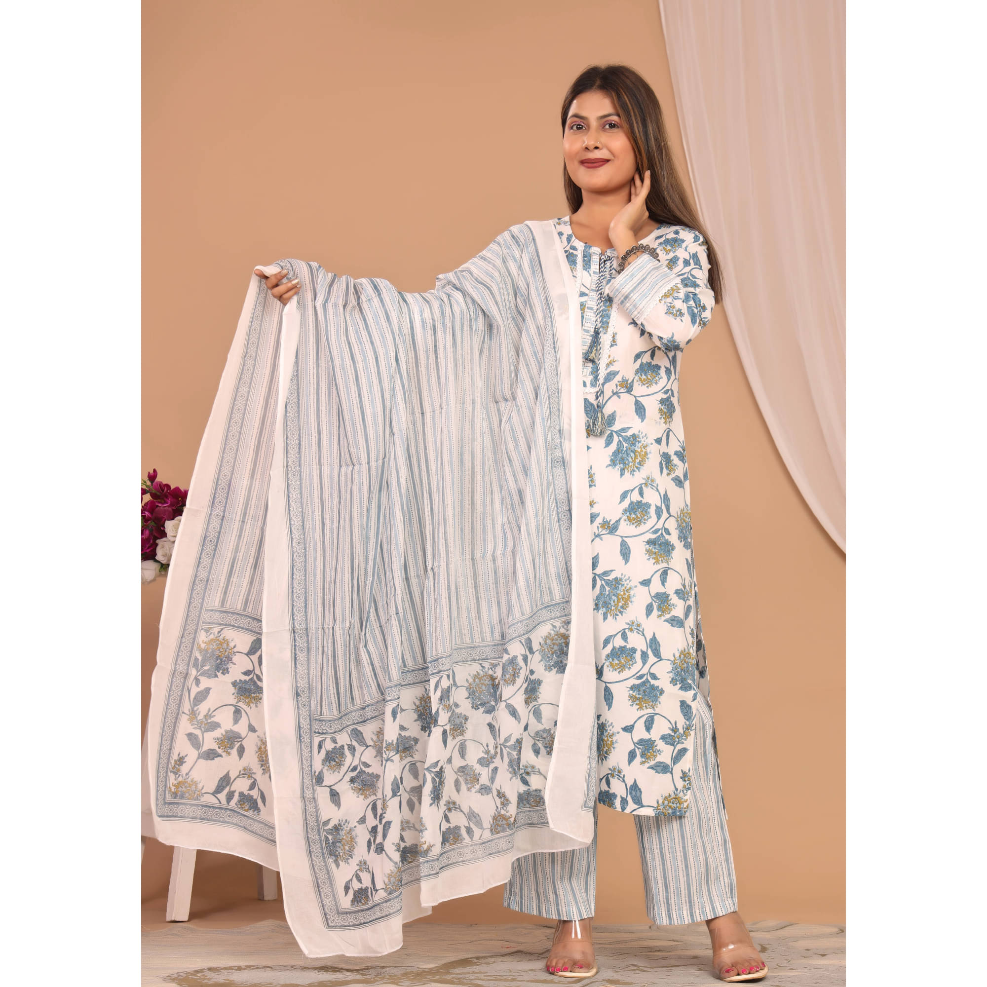     			Avnii Cotton Printed Kurti With Pants Women's Stitched Salwar Suit - Blue ( Pack of 1 )