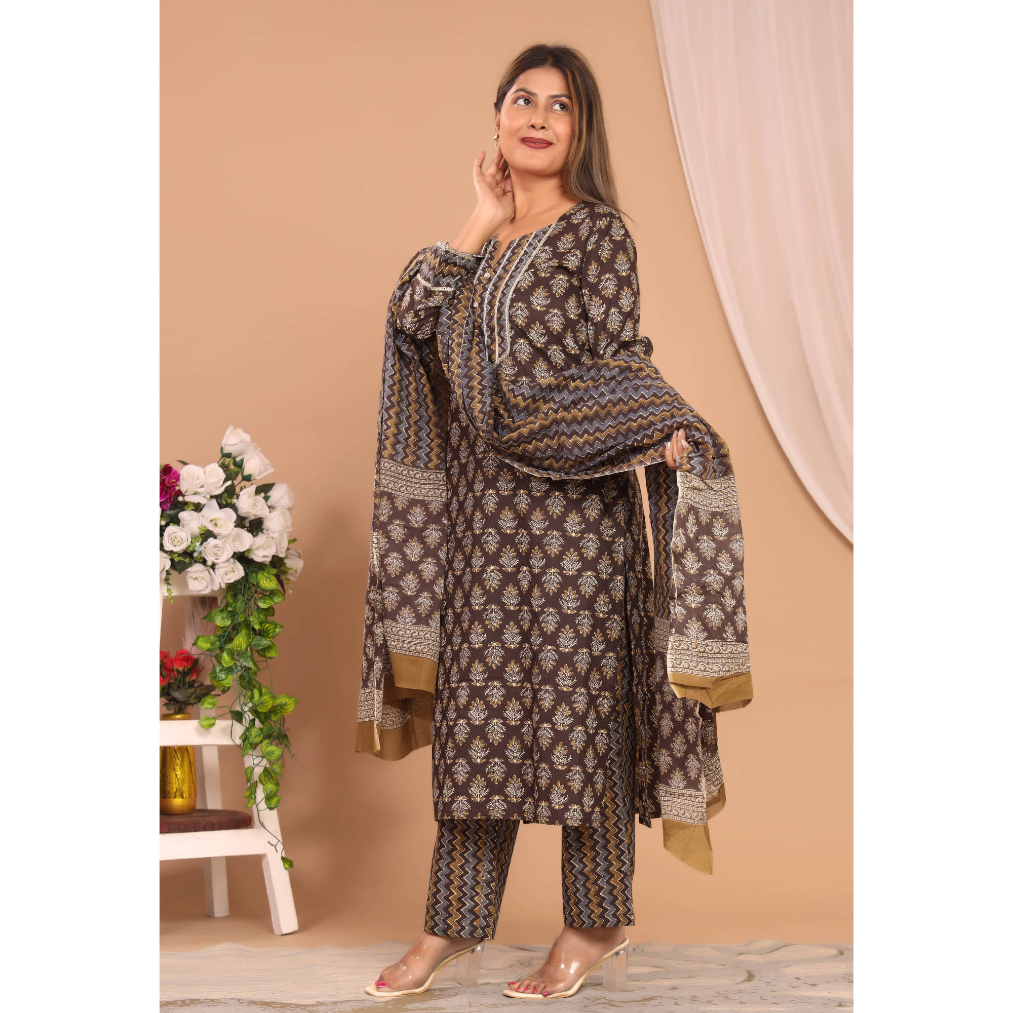 Avnii Cotton Printed Kurti With Pants Women's Stitched Salwar Suit - Brown ( Pack of 1 ) Avnii Cotton Printed Kurti With Pants Women's Stitched Salwar Suit - Brown ( Pack of 1 )