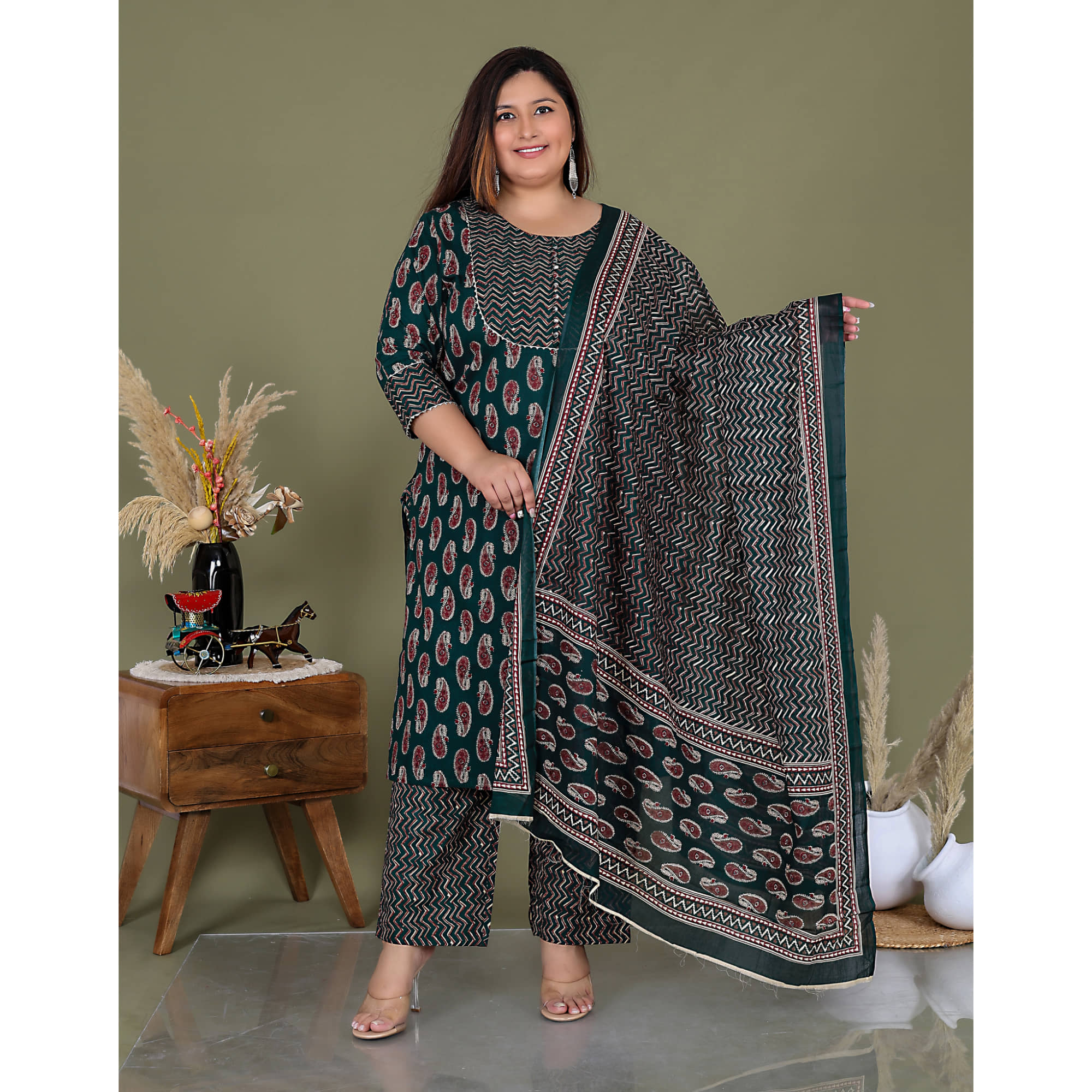 Avnii Cotton Printed Kurti With Pants Women's Stitched Salwar Suit - Green ( Pack of 1 )