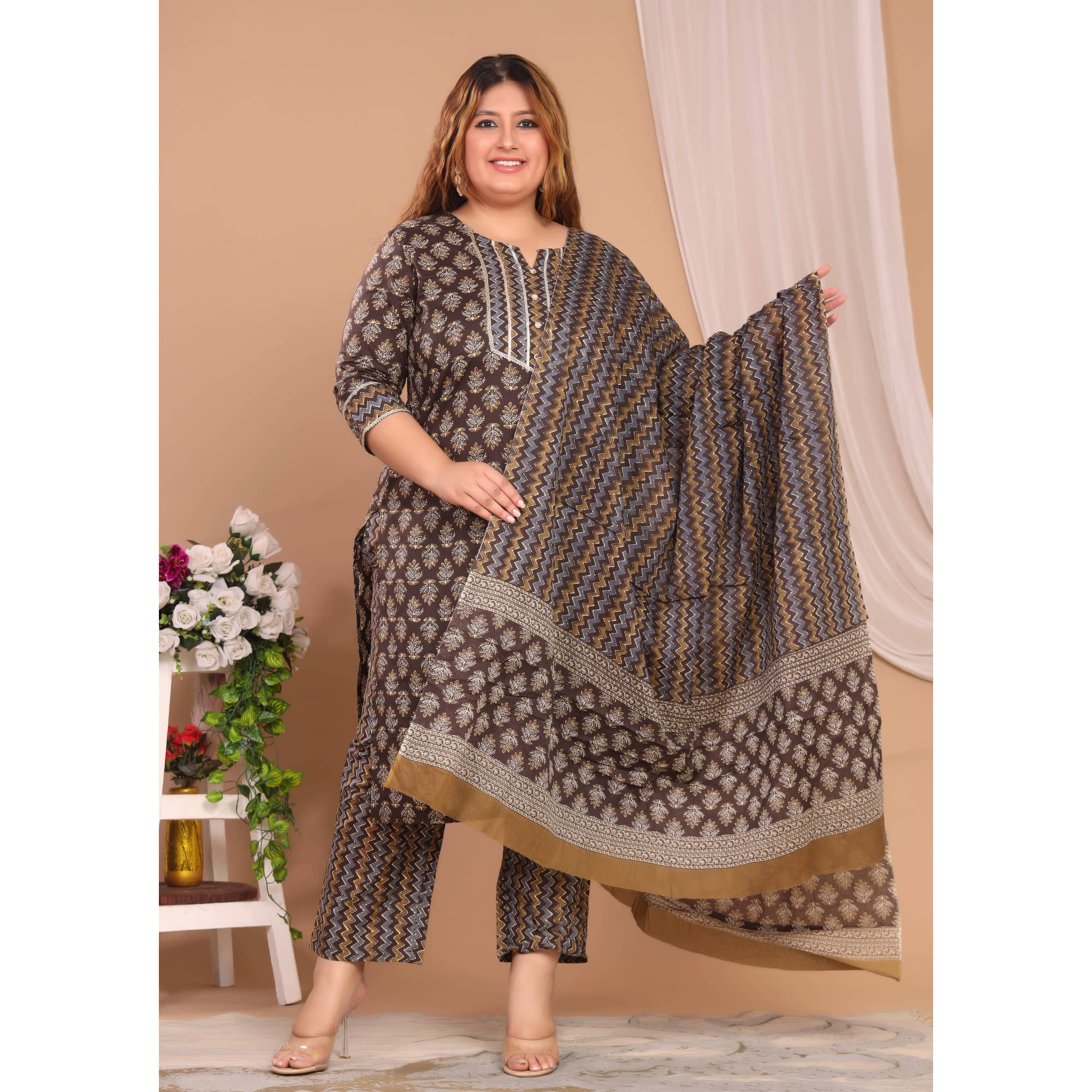 Avnii Cotton Printed Kurti With Pants Women's Stitched Salwar Suit - Brown ( Pack of 1 )