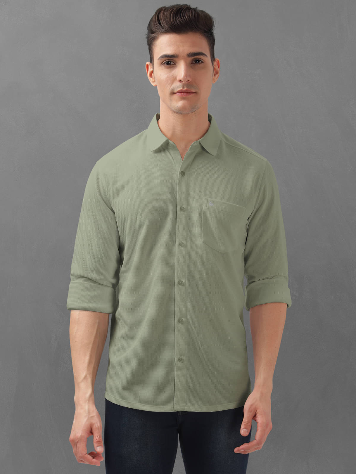BULLMER Cotton Blend Regular Fit Self Design Full Sleeves Men's Casual Shirt - Olive ( Pack of 1 ) BULLMER Cotton Blend Regular Fit Self Design Full Sleeves Men's Casual Shirt - Olive ( Pack of 1 )