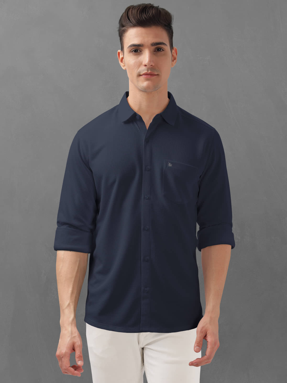 BULLMER Trendy Regular Fit Solid Full Sleeve Causal Shirt for Men_Navy Blue