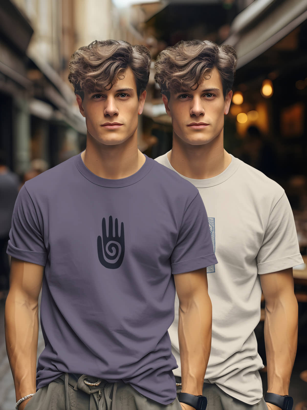 BULLMER Men Cotton Blend Regular Fit Trendy Printed Crew Neck_Round Neck Half Sleeve Tshirt - Pack of 2_Purple_Beige