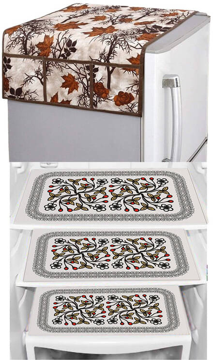     			Crosmo Polyester Floral Fridge Mat & Cover ( 99 53 ) Pack of 4 - Multicolor