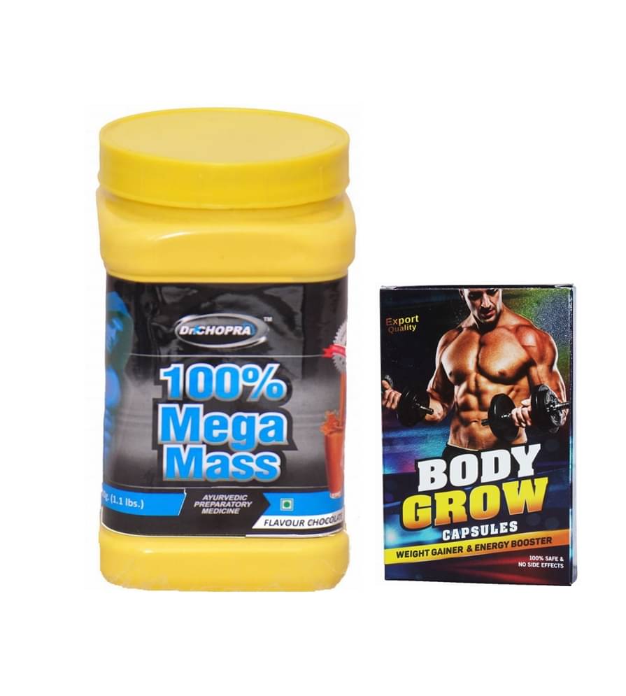 Dr Chopra Body Grow Capsule 10 no.s & 100% Mega Mass Powder combo 500 gm Chocolate Dr Chopra Body Grow Capsule 10 no.s & 100% Mega Mass Powder combo 500 gm Chocolate