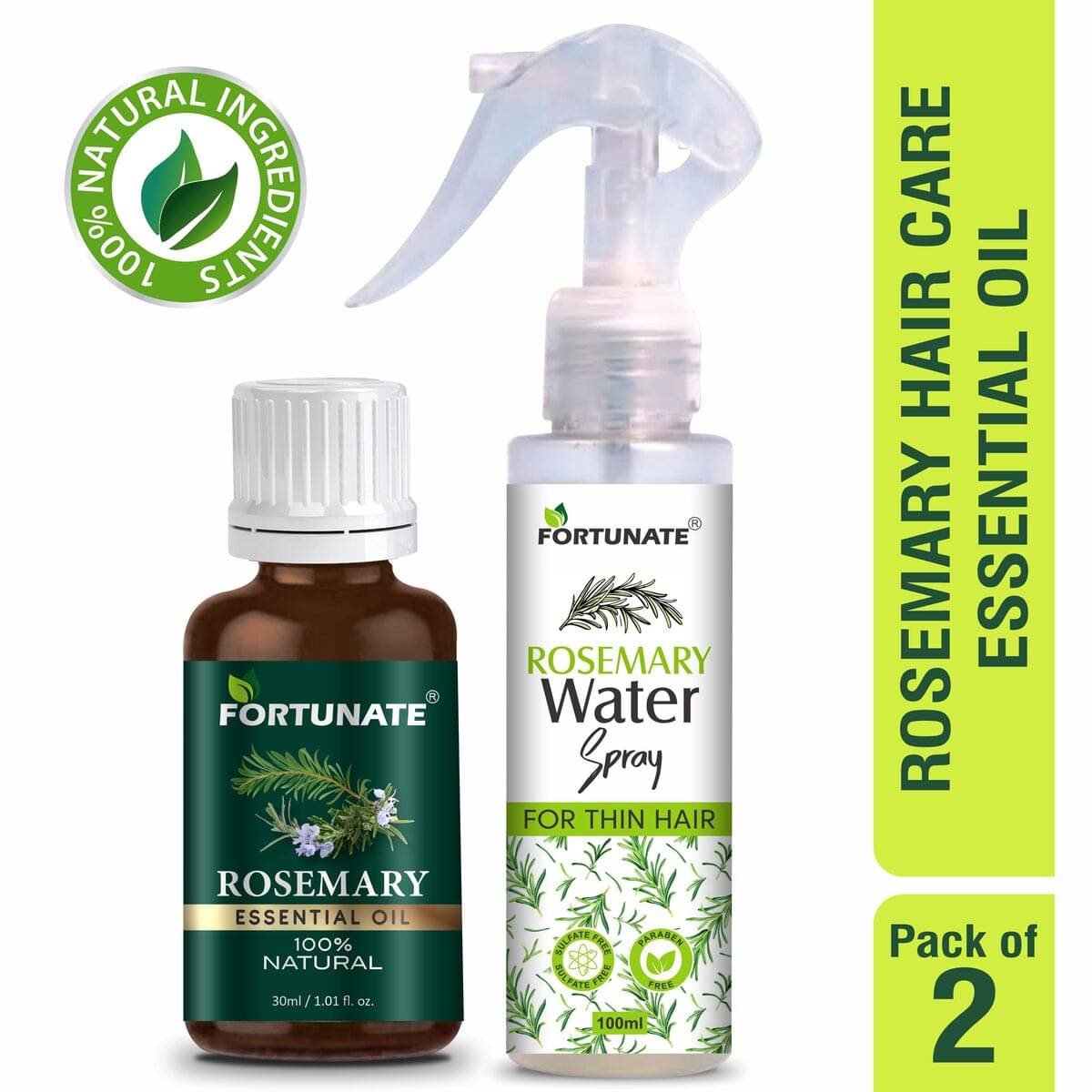     			Fortunate Rosemary Hair Essentials Oil 30ml - Rosemary Water - 100ml - Hair Sprays 130 mL